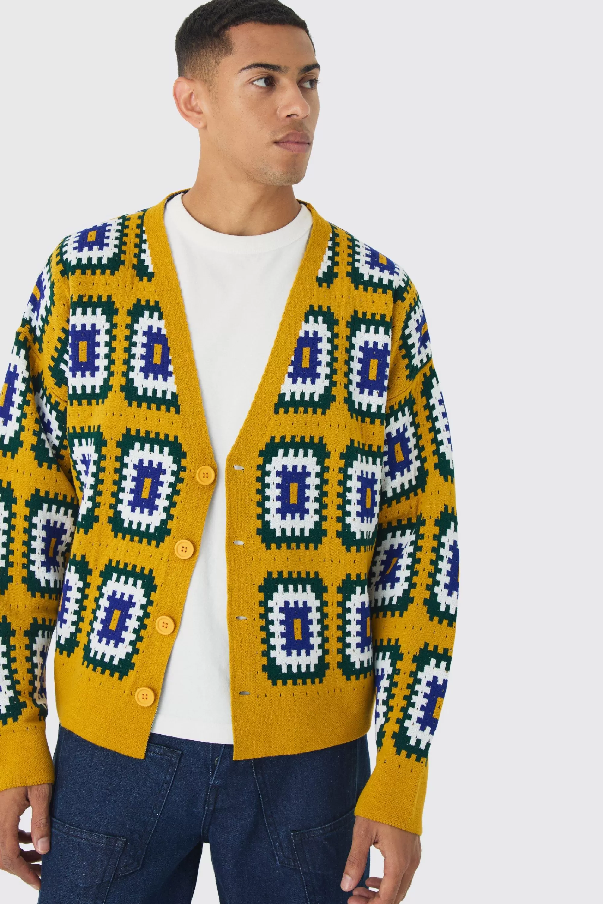 boohooMAN Oversized Boxy Crochet Cardigan | UK