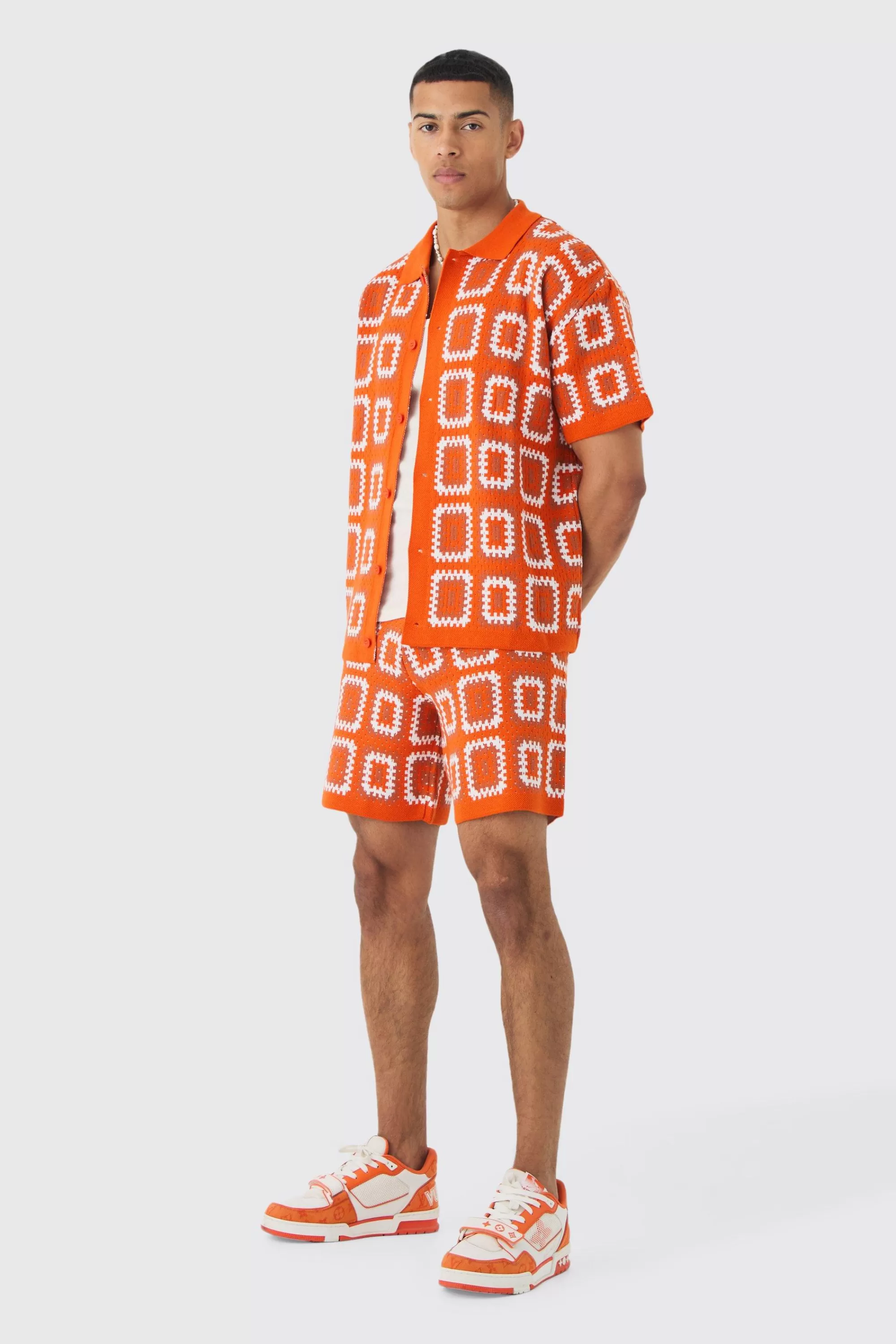 boohooMAN Oversized Boxy Crochet Knit Shirt And Short Set | UK