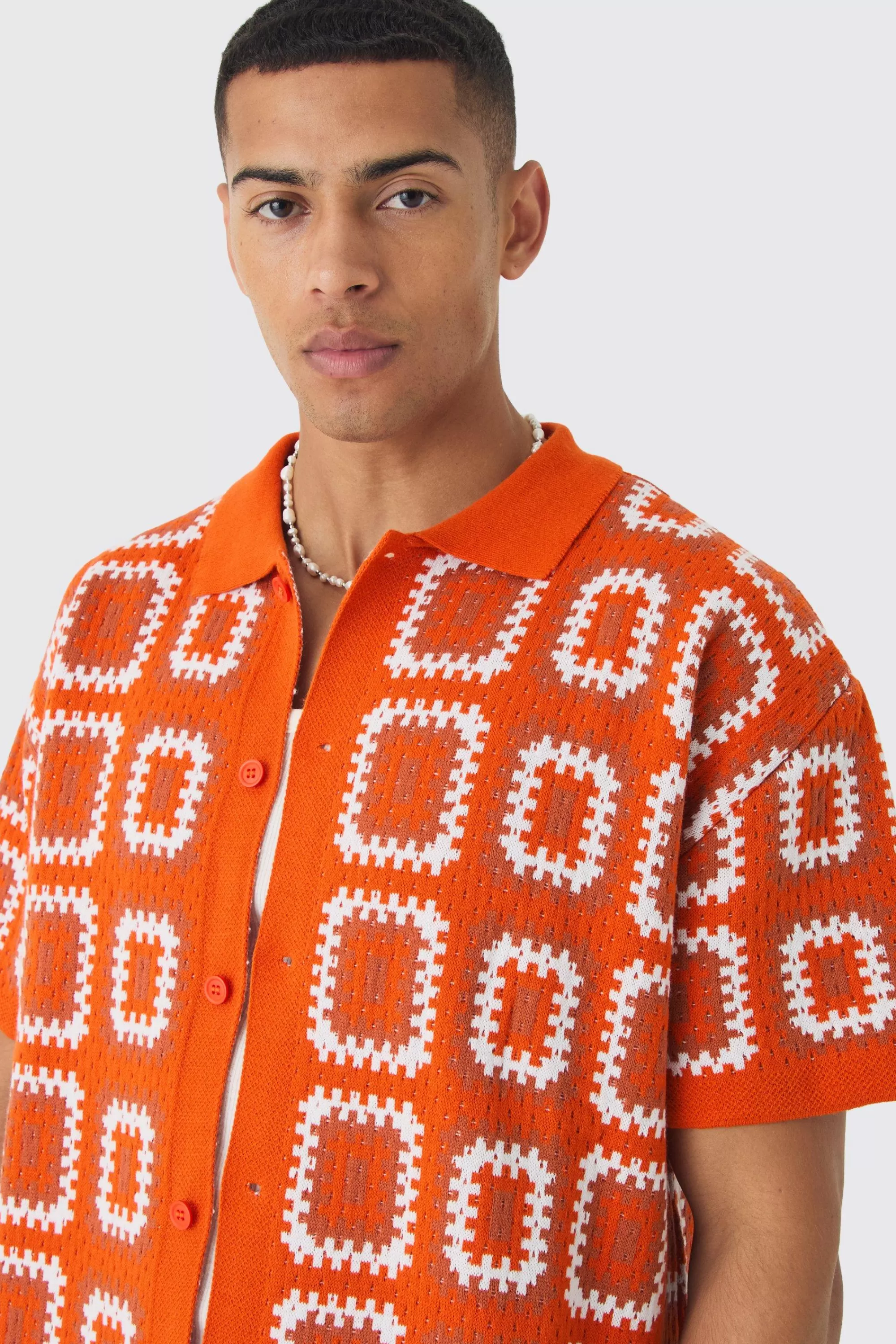 boohooMAN Oversized Boxy Crochet Knit Shirt And Short Set | UK