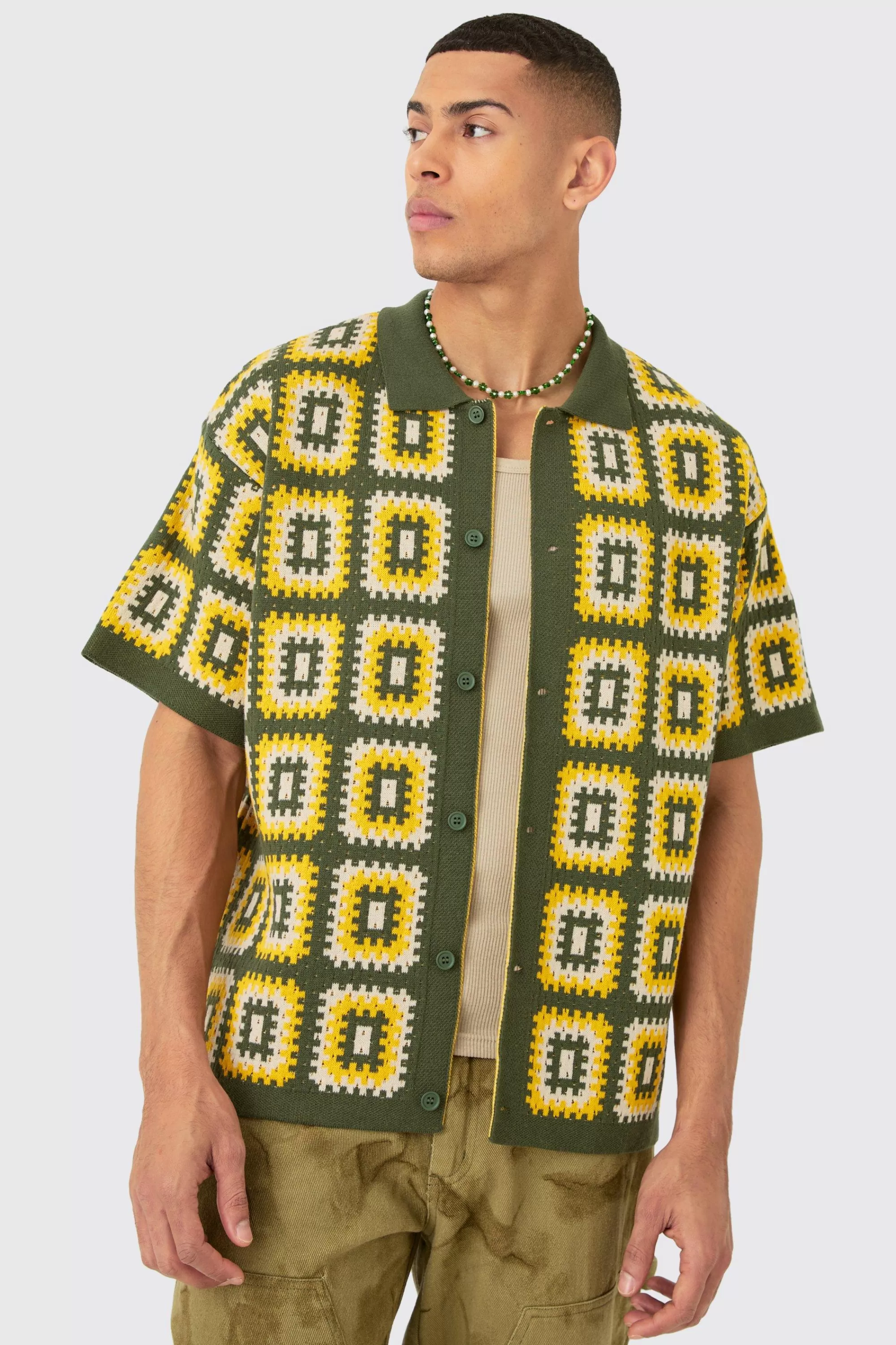 boohooMAN Oversized Boxy Crochet Knit Shirt In | UK