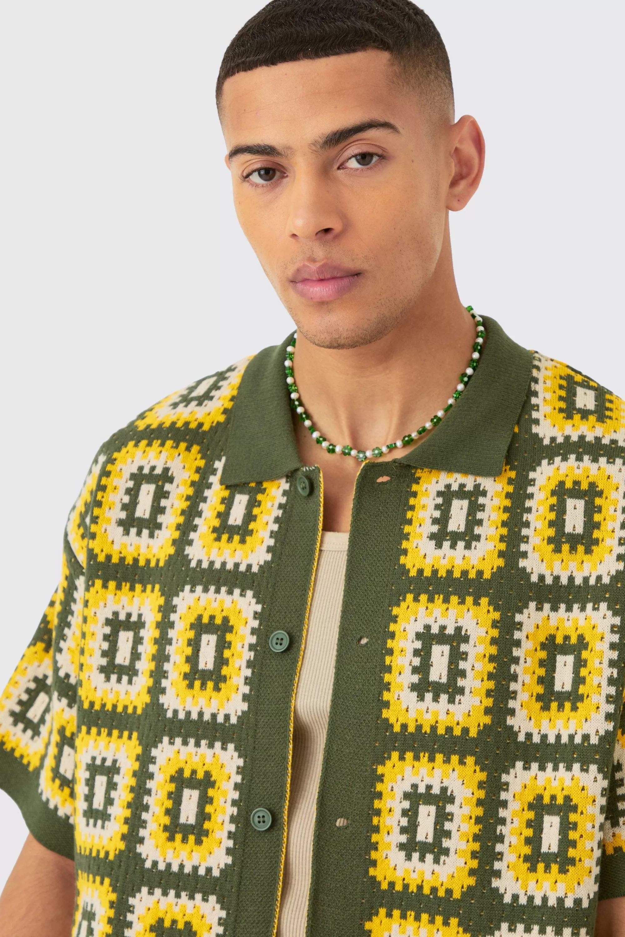 boohooMAN Oversized Boxy Crochet Knit Shirt In | UK