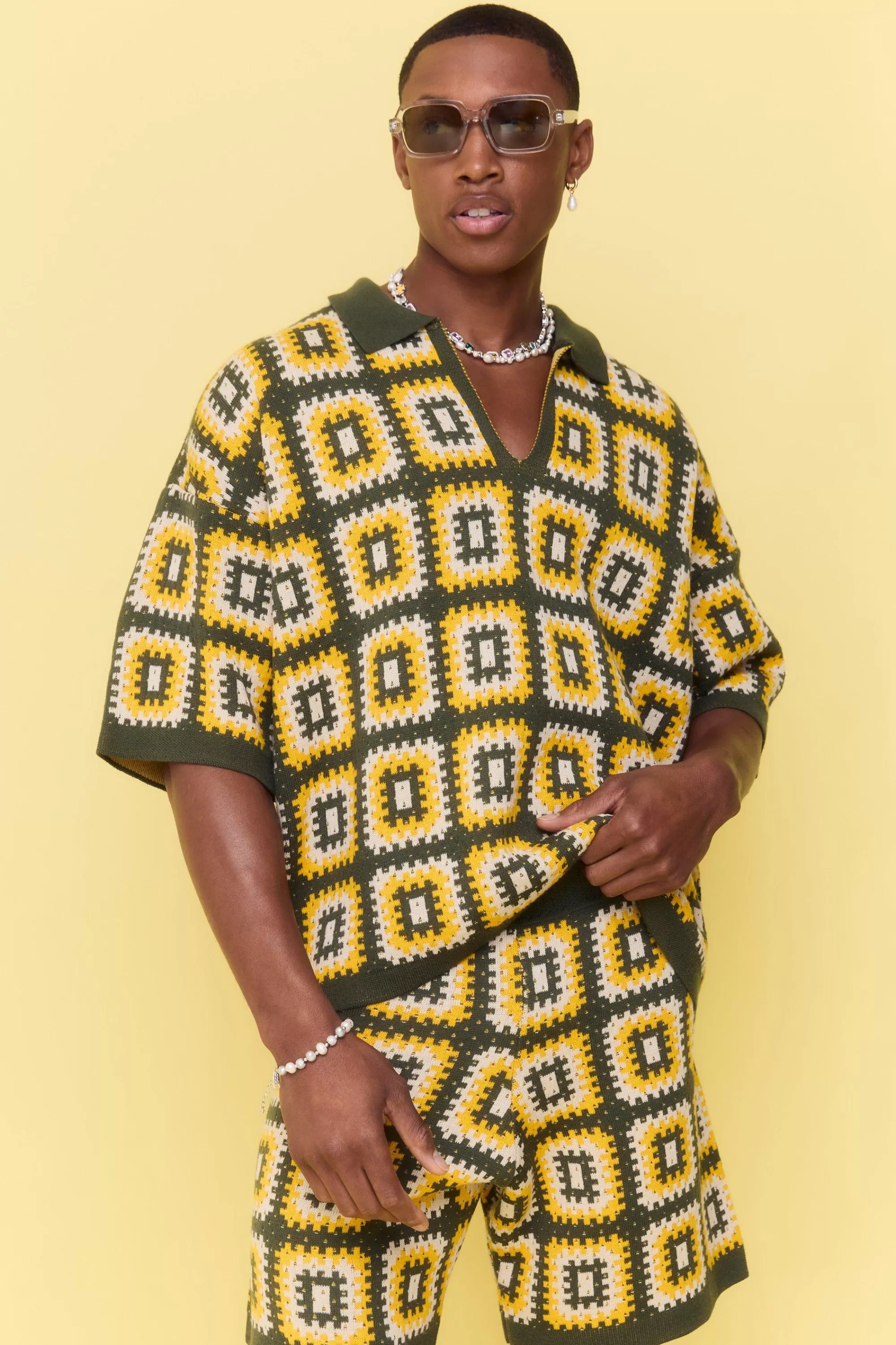 boohooMAN Oversized Boxy Crochet Knitted Polo | UK