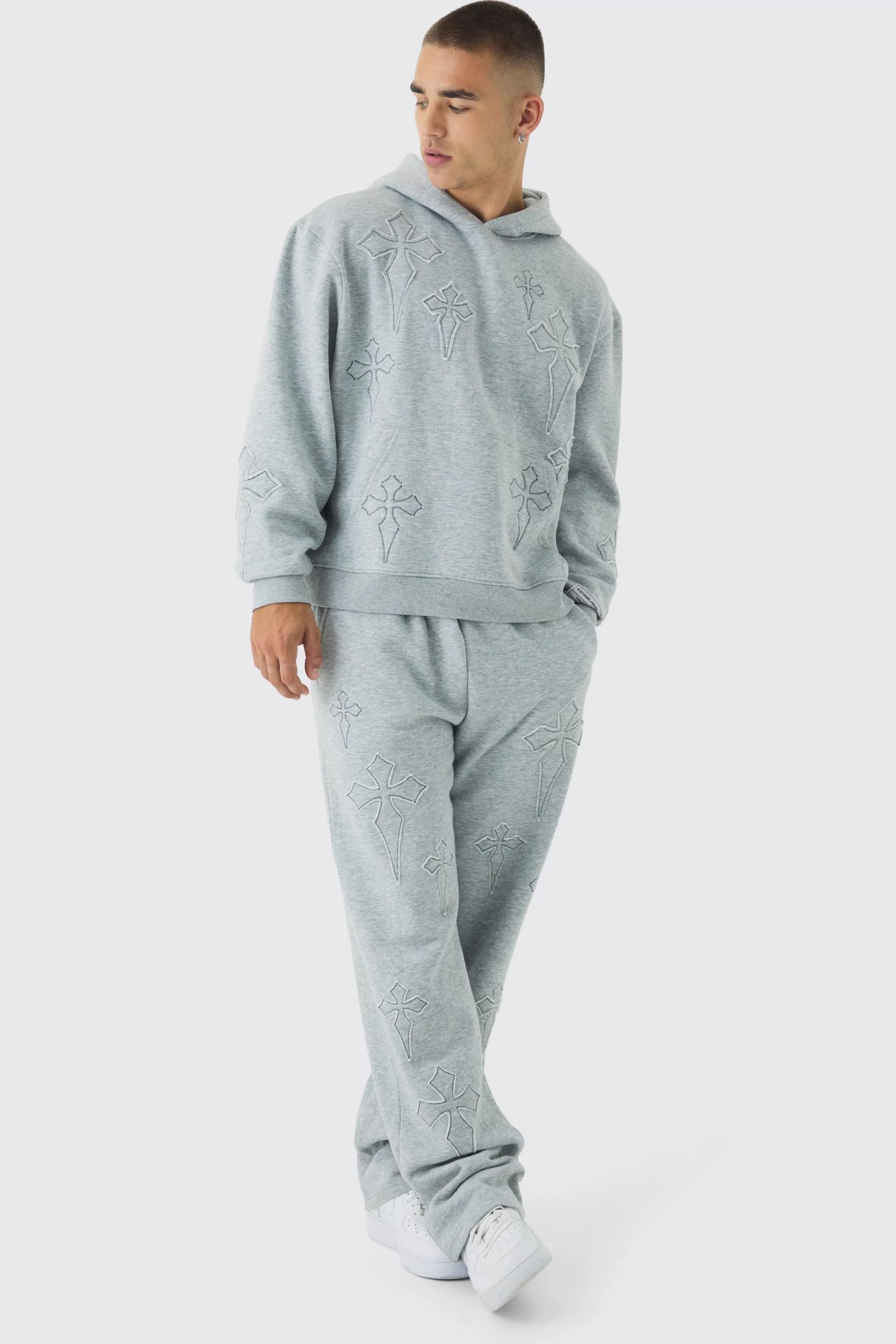 boohooMAN Oversized Boxy Cross Applique Hoodie And Relaxed Jogger Tracksuit | UK