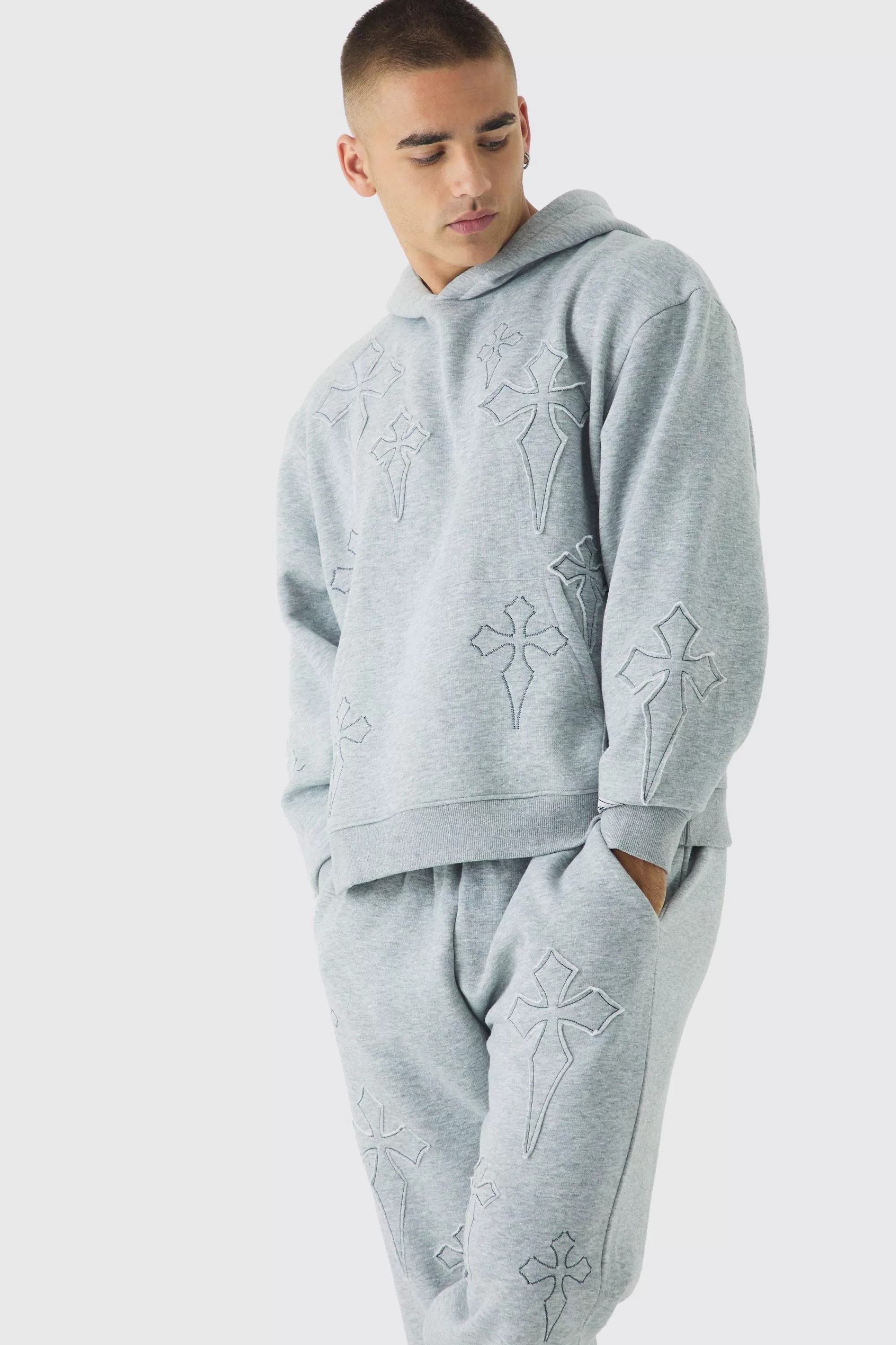 boohooMAN Oversized Boxy Cross Applique Hoodie And Relaxed Jogger Tracksuit | UK