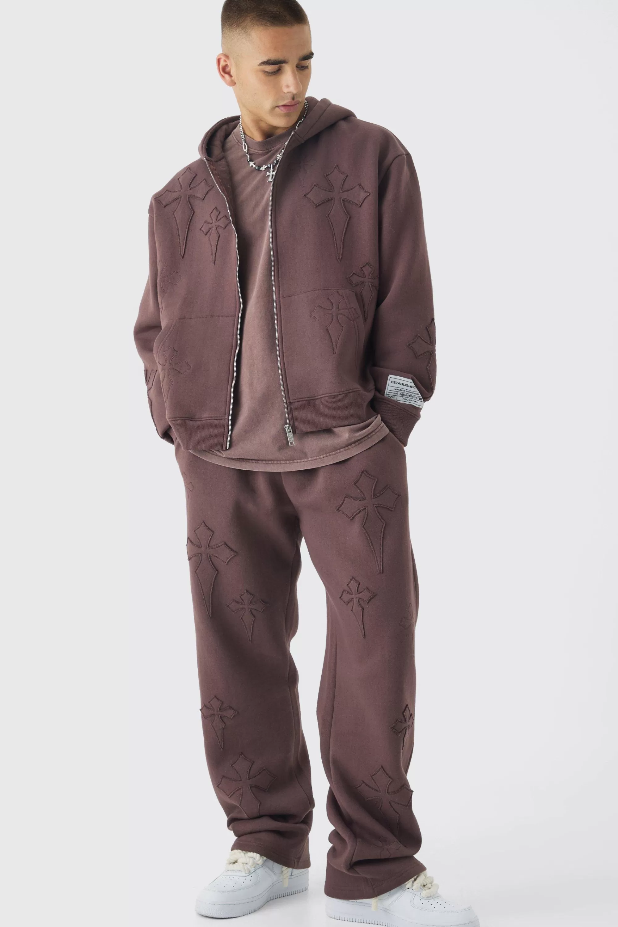 boohooMAN Oversized Boxy Cross Applique Zip Through Hoodie And Relaxed Jogger Tracksuit | UK