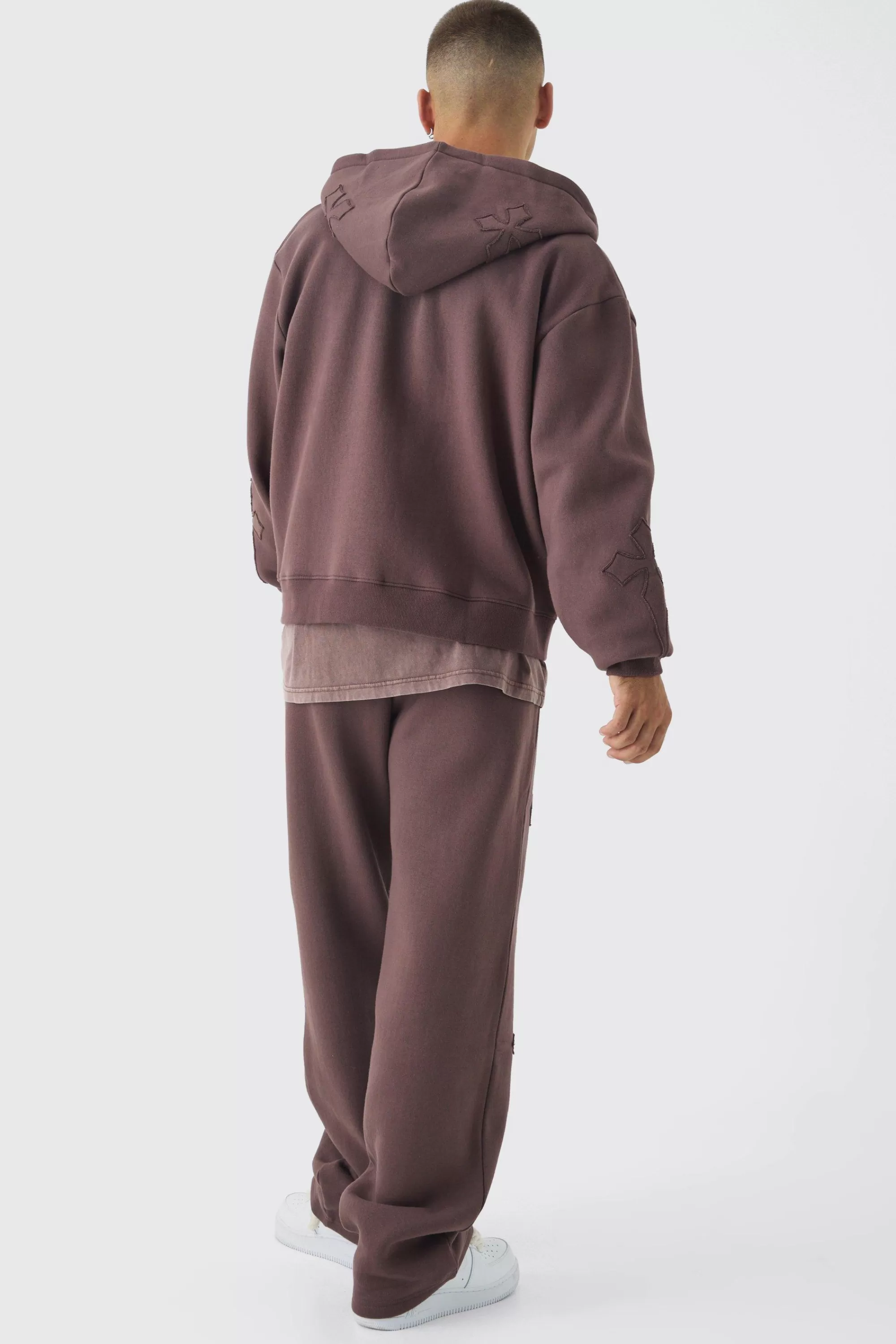 boohooMAN Oversized Boxy Cross Applique Zip Through Hoodie And Relaxed Jogger Tracksuit | UK