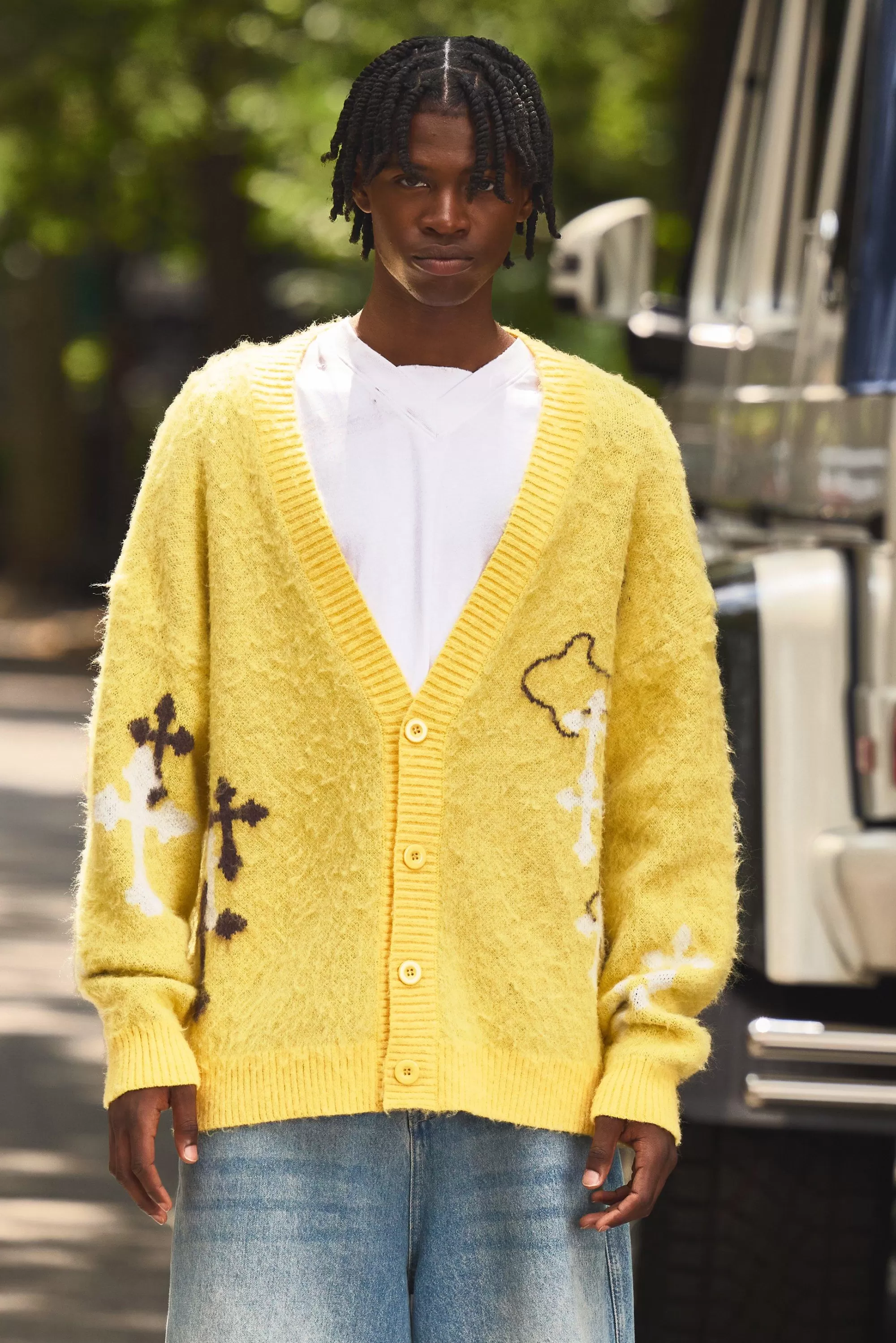 boohooMAN Oversized Boxy Cross Brushed Knitted Cardigan | UK
