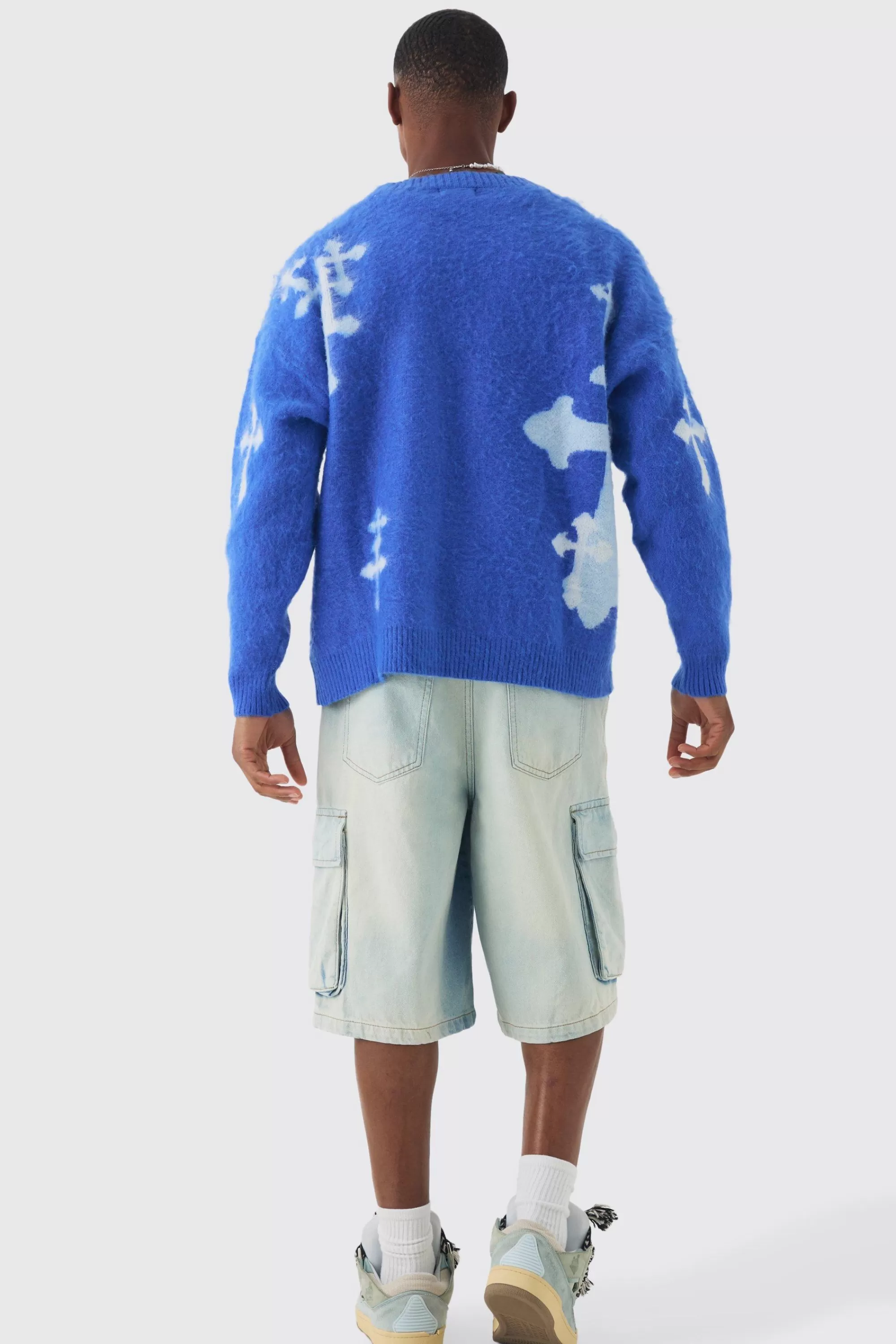 boohooMAN Oversized Boxy Cross Brushed Knitted Cardigan | UK