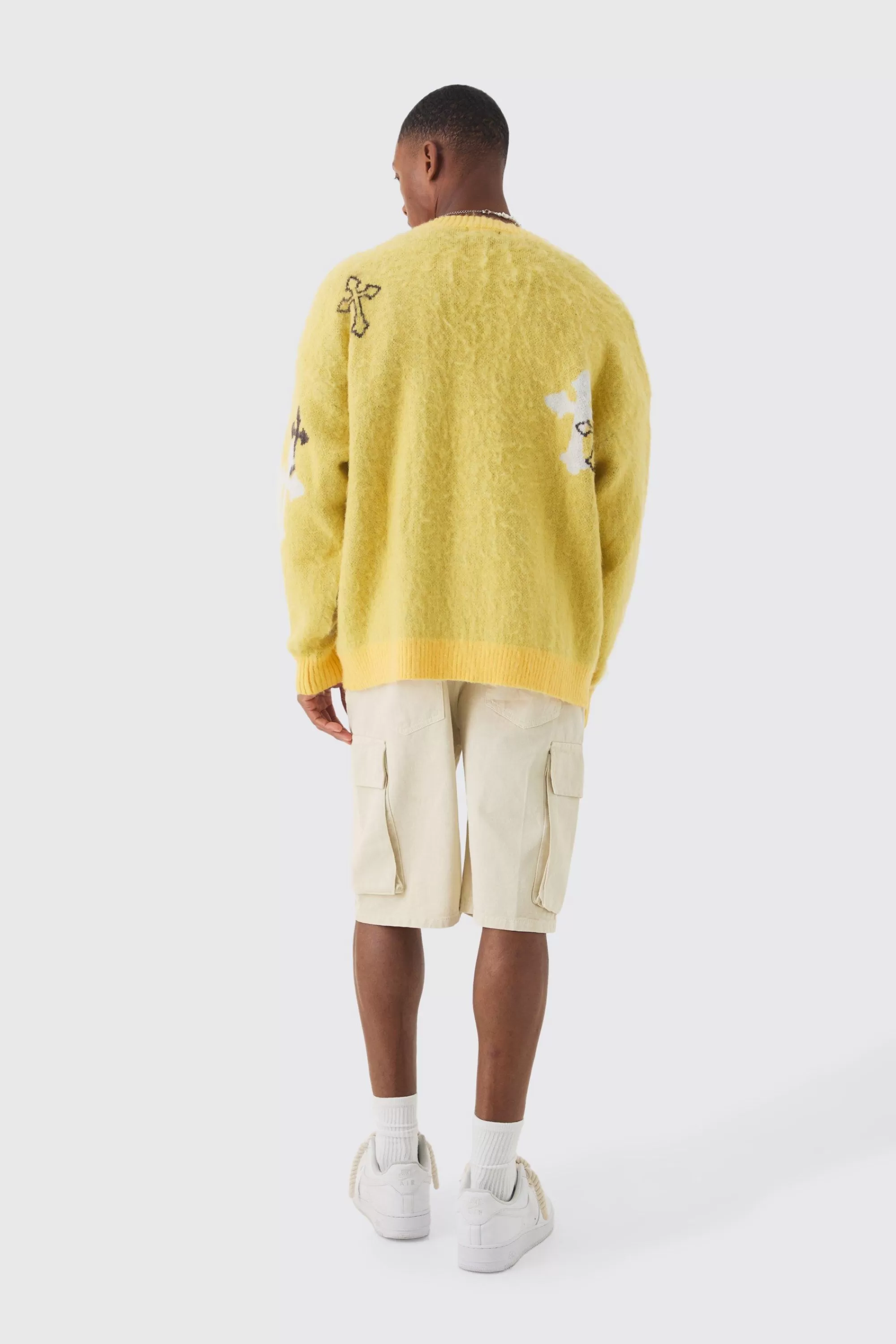 boohooMAN Oversized Boxy Cross Brushed Knitted Cardigan | UK