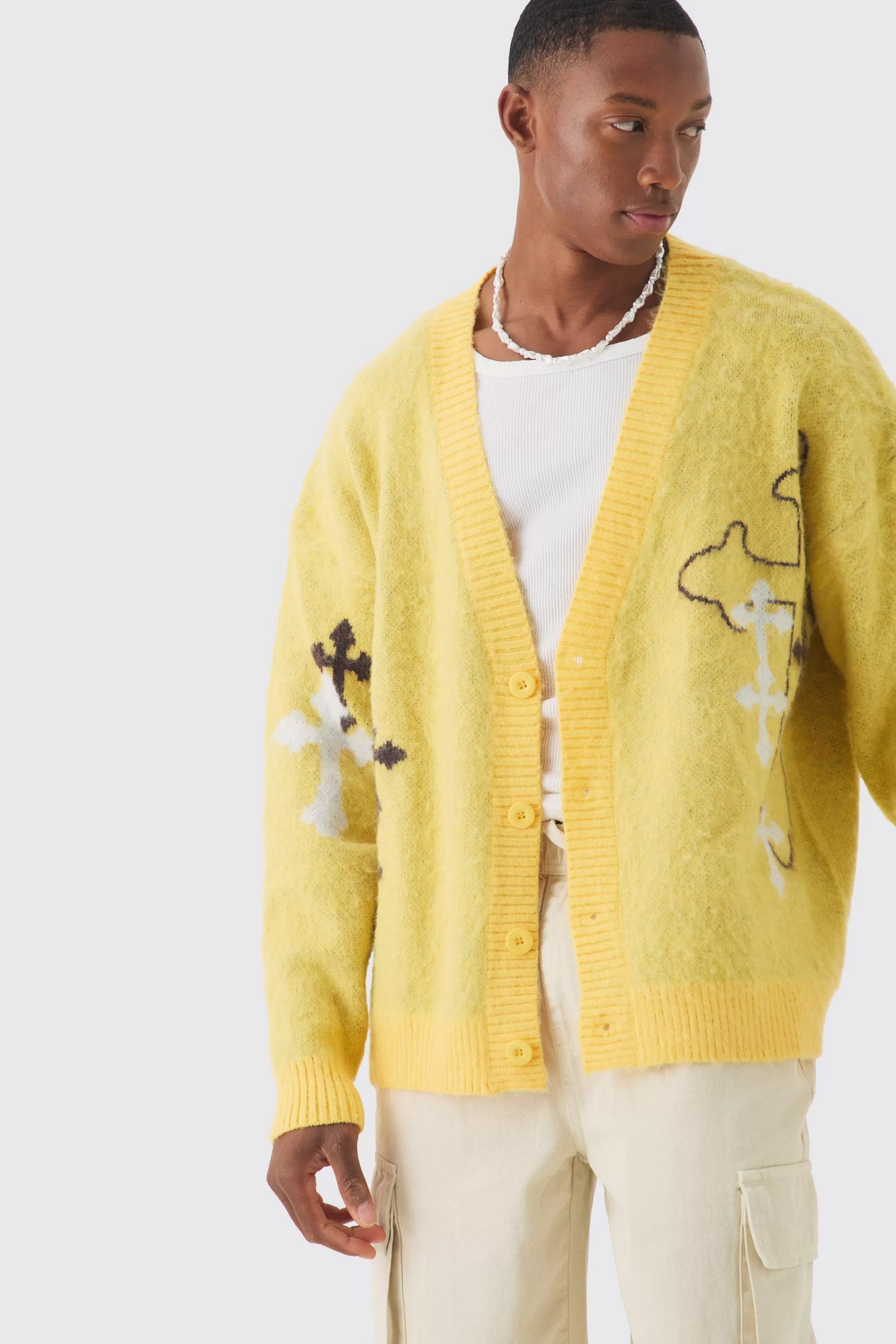 boohooMAN Oversized Boxy Cross Brushed Knitted Cardigan | UK