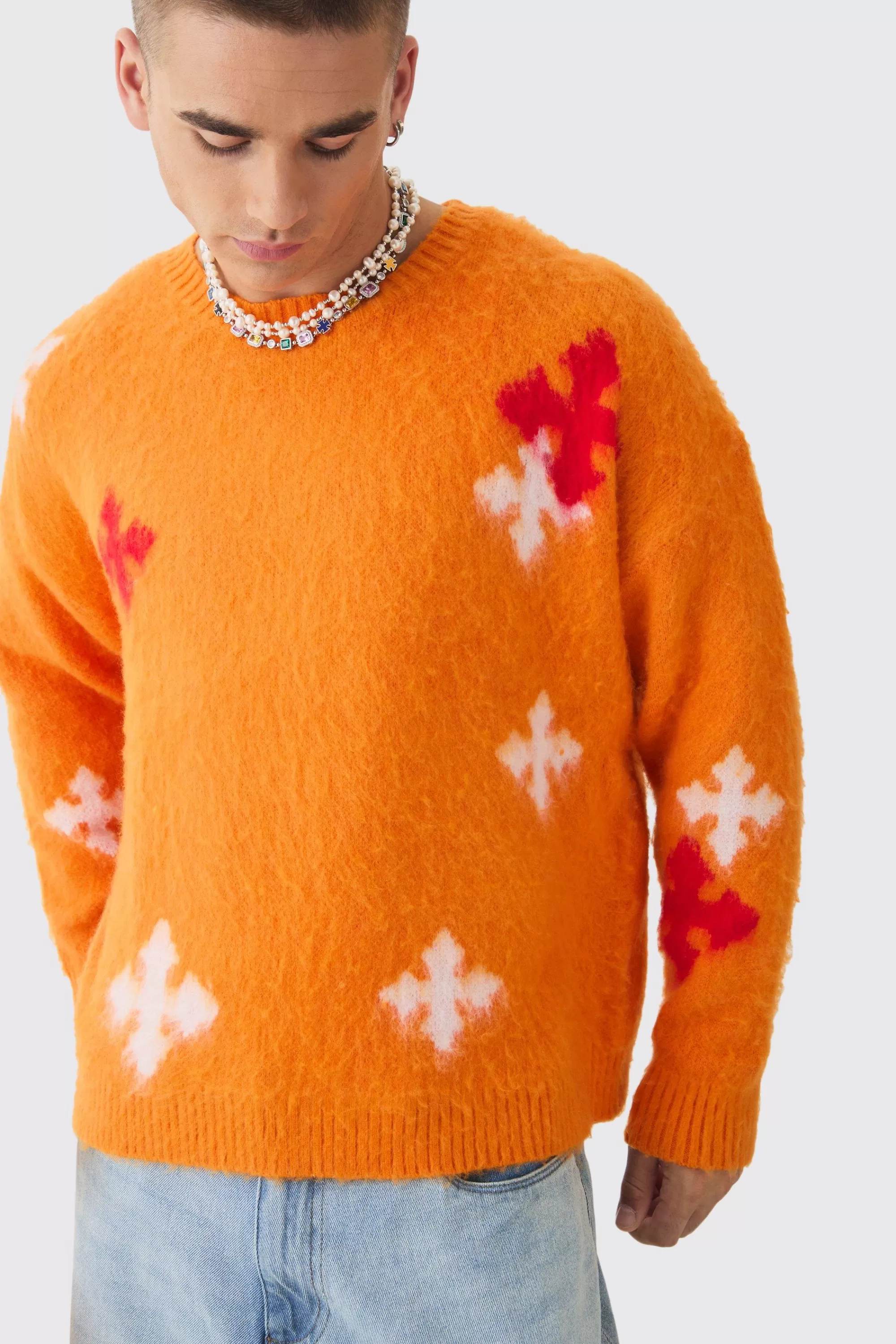 boohooMAN Oversized Boxy Cross Brushed Knitted Jumper | UK