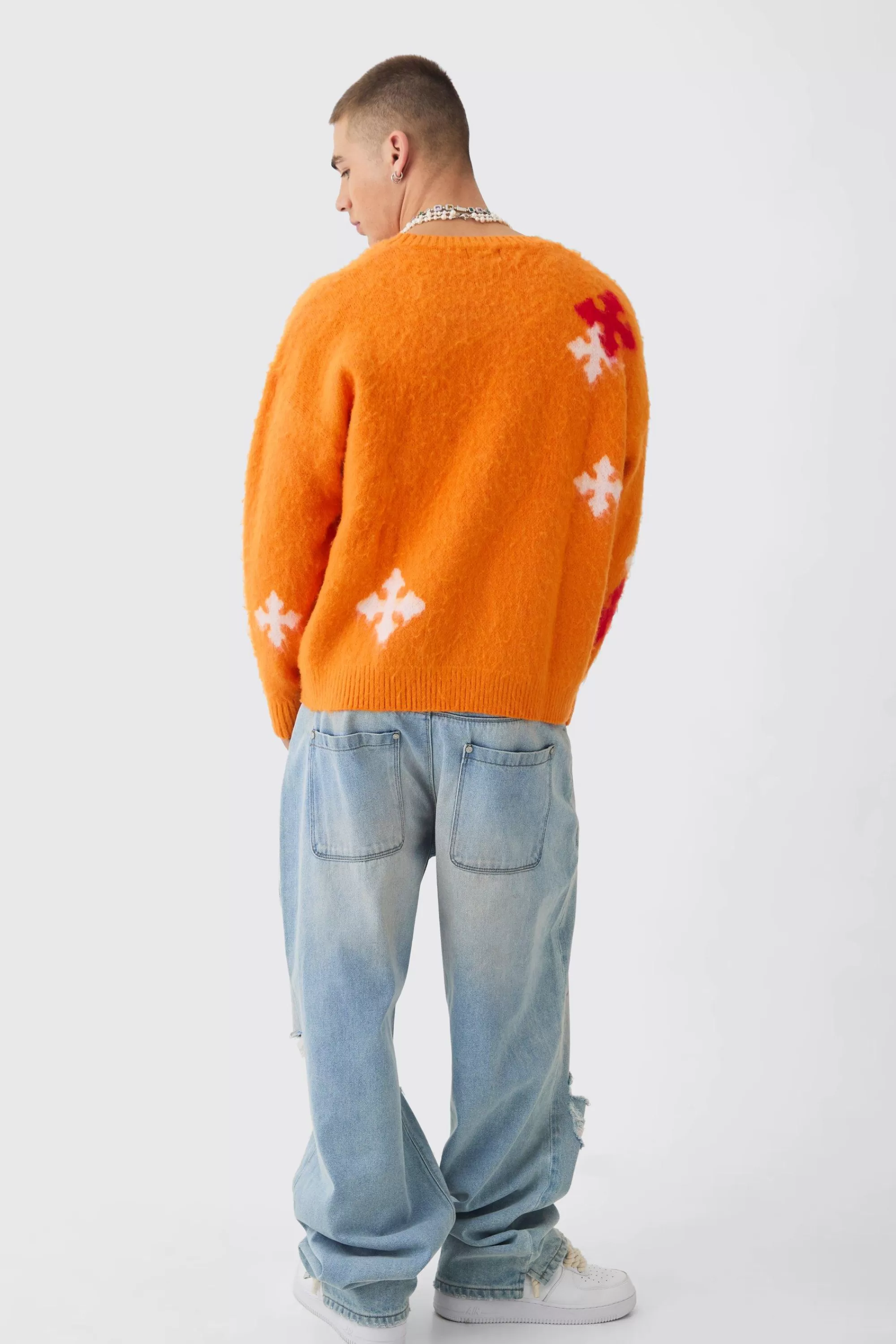 boohooMAN Oversized Boxy Cross Brushed Knitted Jumper | UK