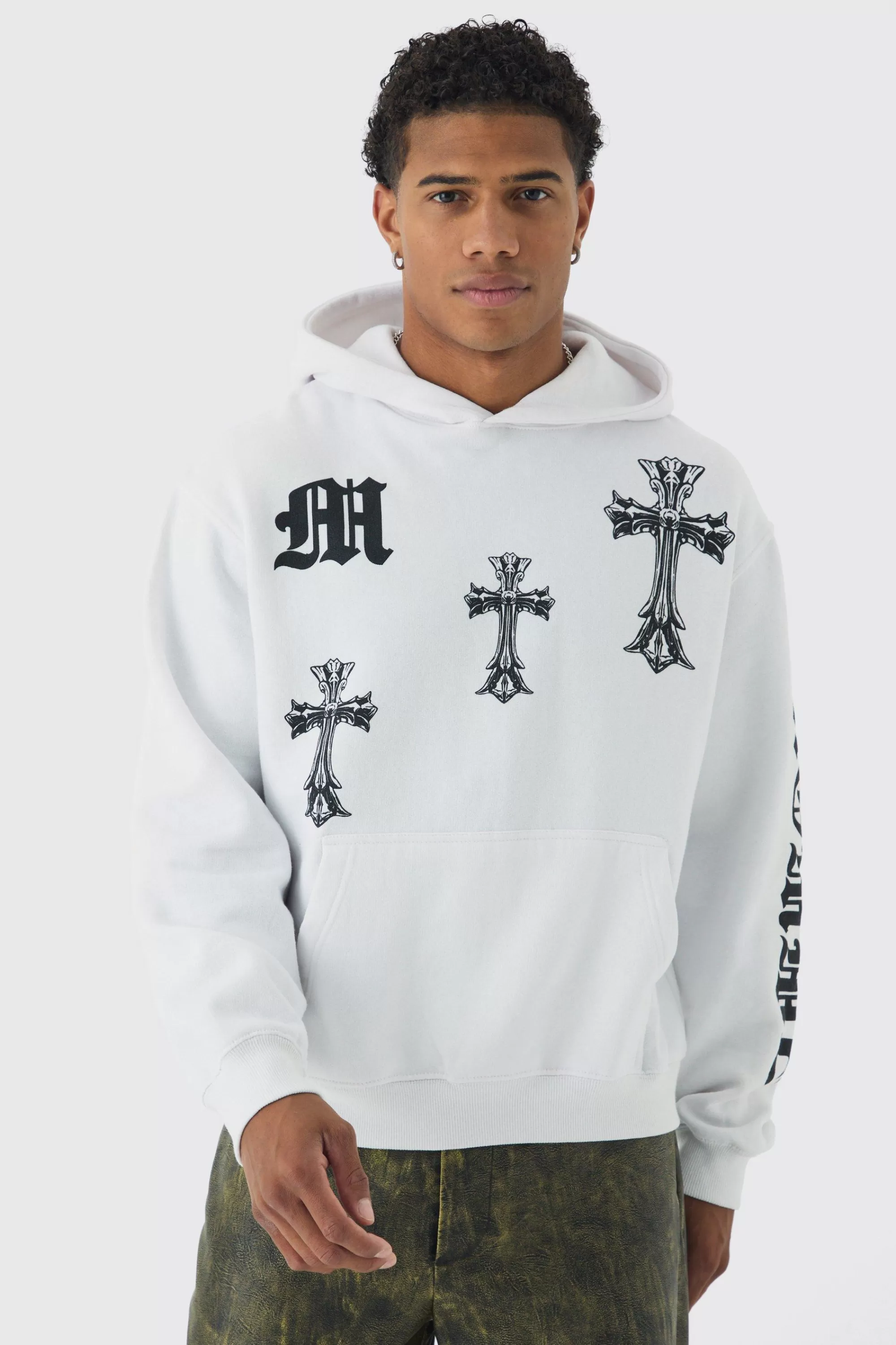 boohooMAN Oversized Boxy Cross Printed Hoodie | UK