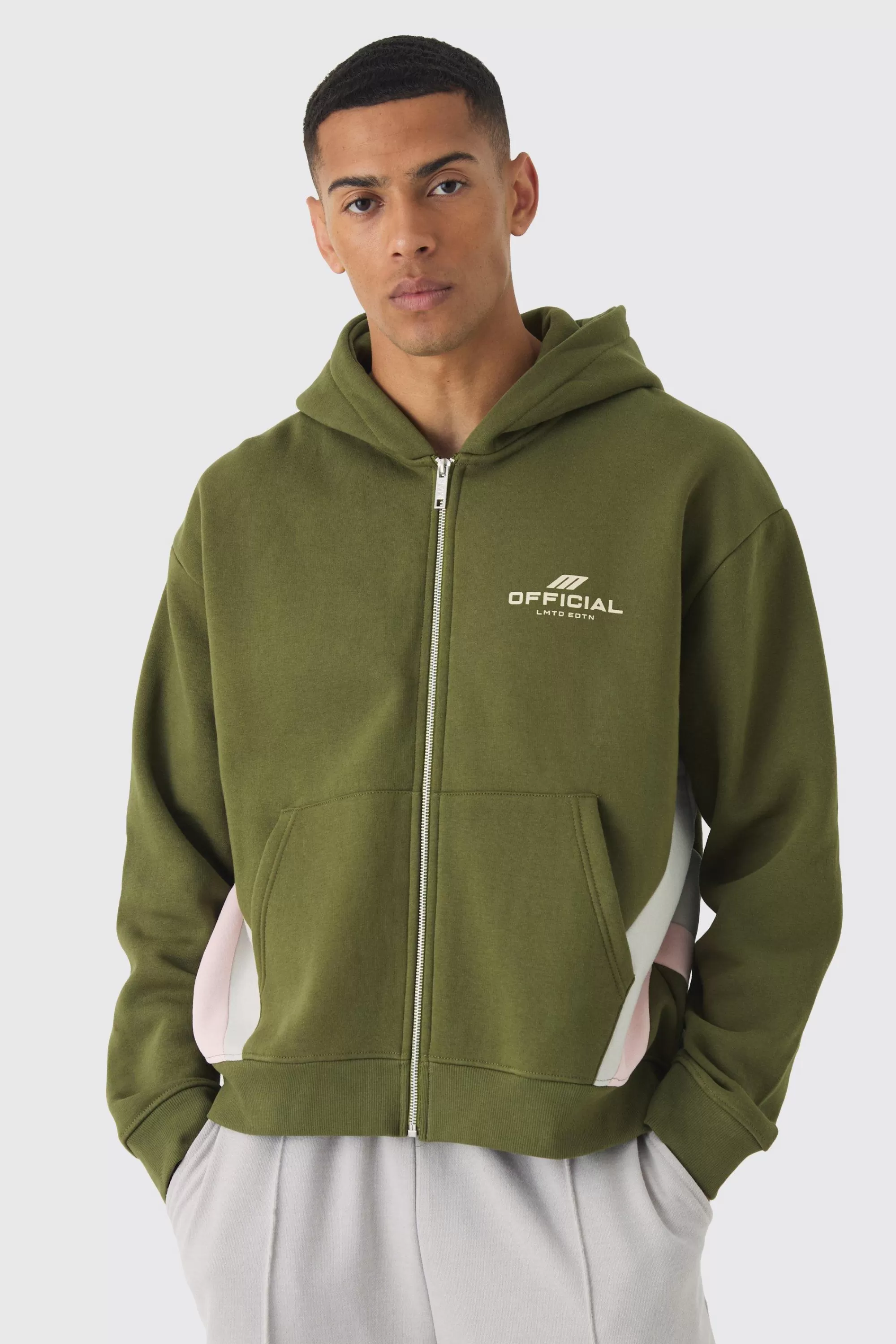 boohooMAN Oversized Boxy Cut & Sew Colour Block Zip Through Hoodie | UK