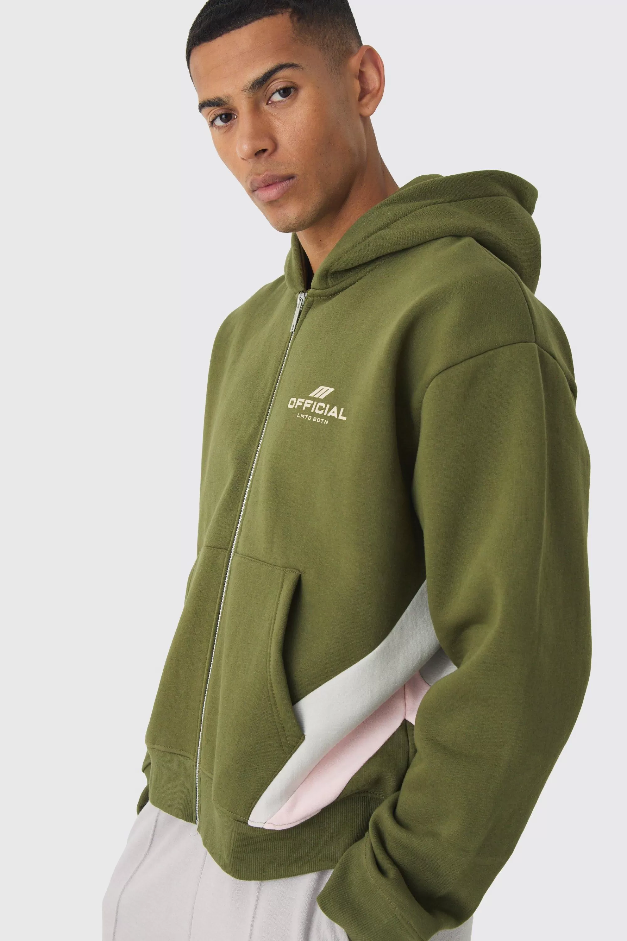 boohooMAN Oversized Boxy Cut & Sew Colour Block Zip Through Hoodie | UK