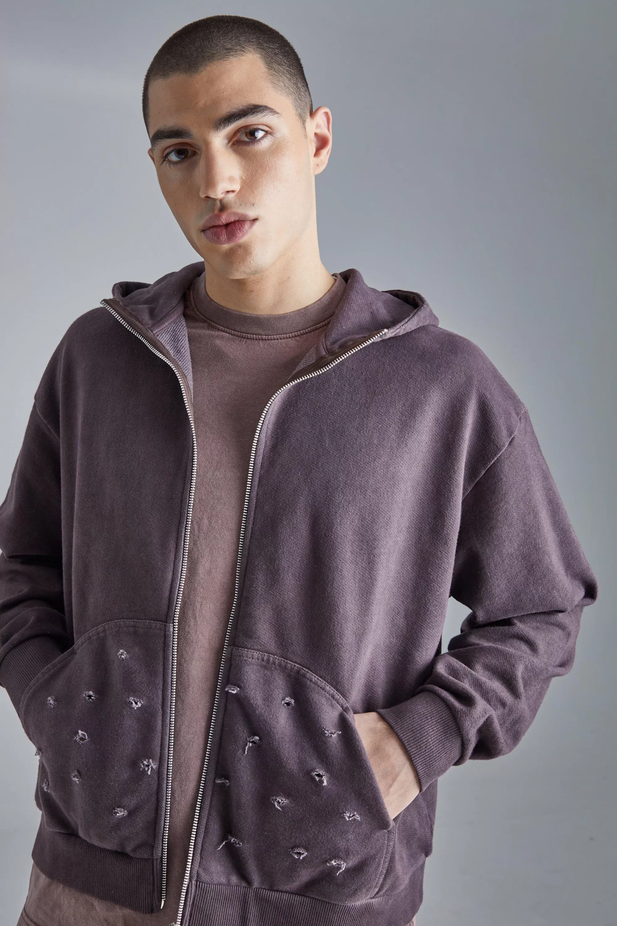 boohooMAN Oversized Boxy Distressed Washed Hoodie | UK