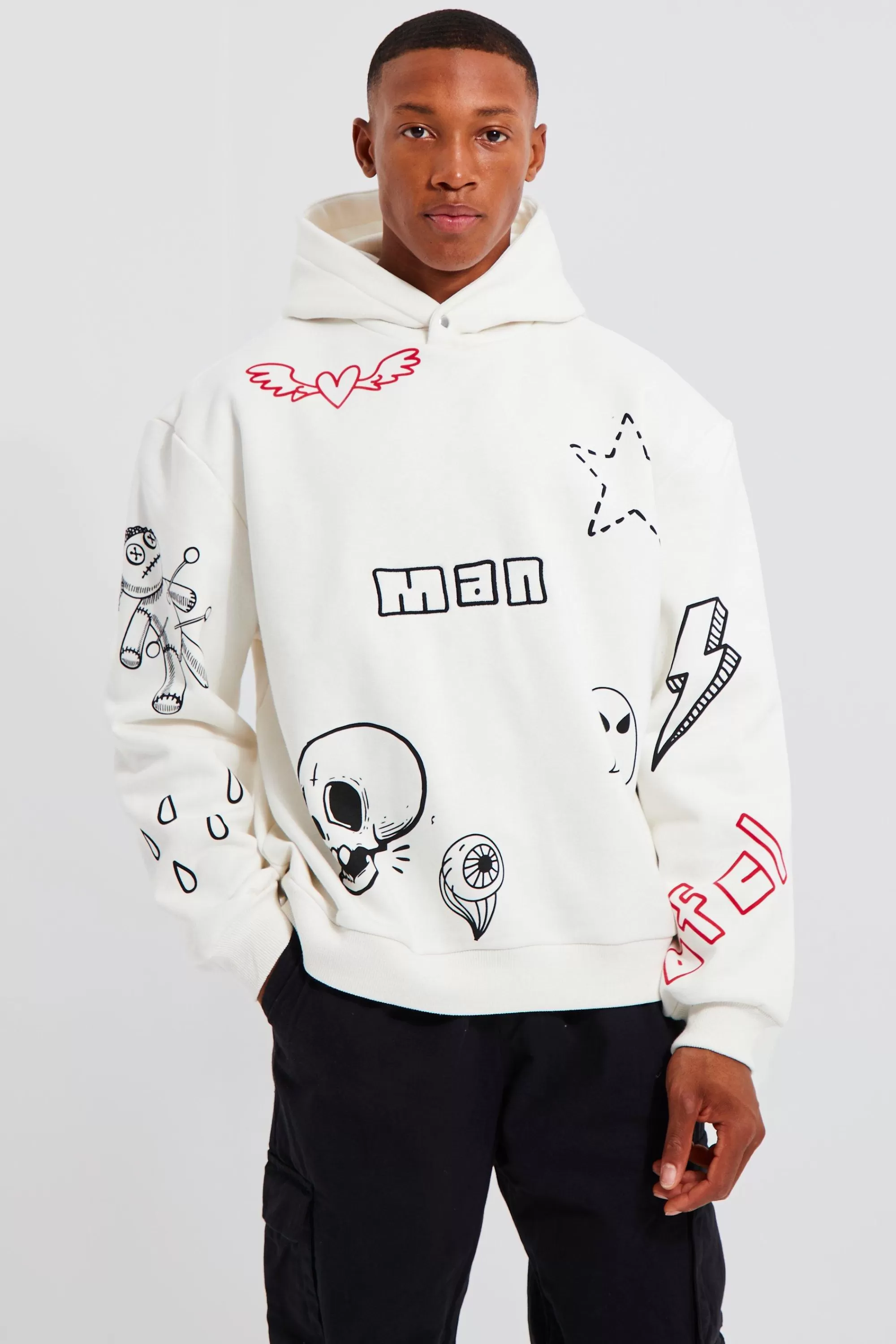 boohooMAN Oversized Boxy Doodle Graphic Hoodie | UK