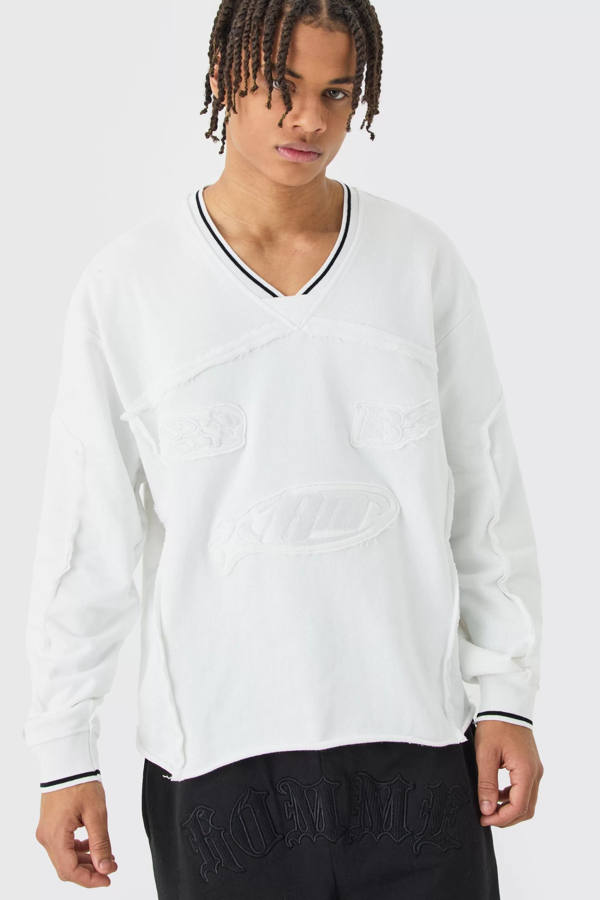 boohooMAN Oversized Boxy Embroidered Sports Rib Sweatshirt | UK