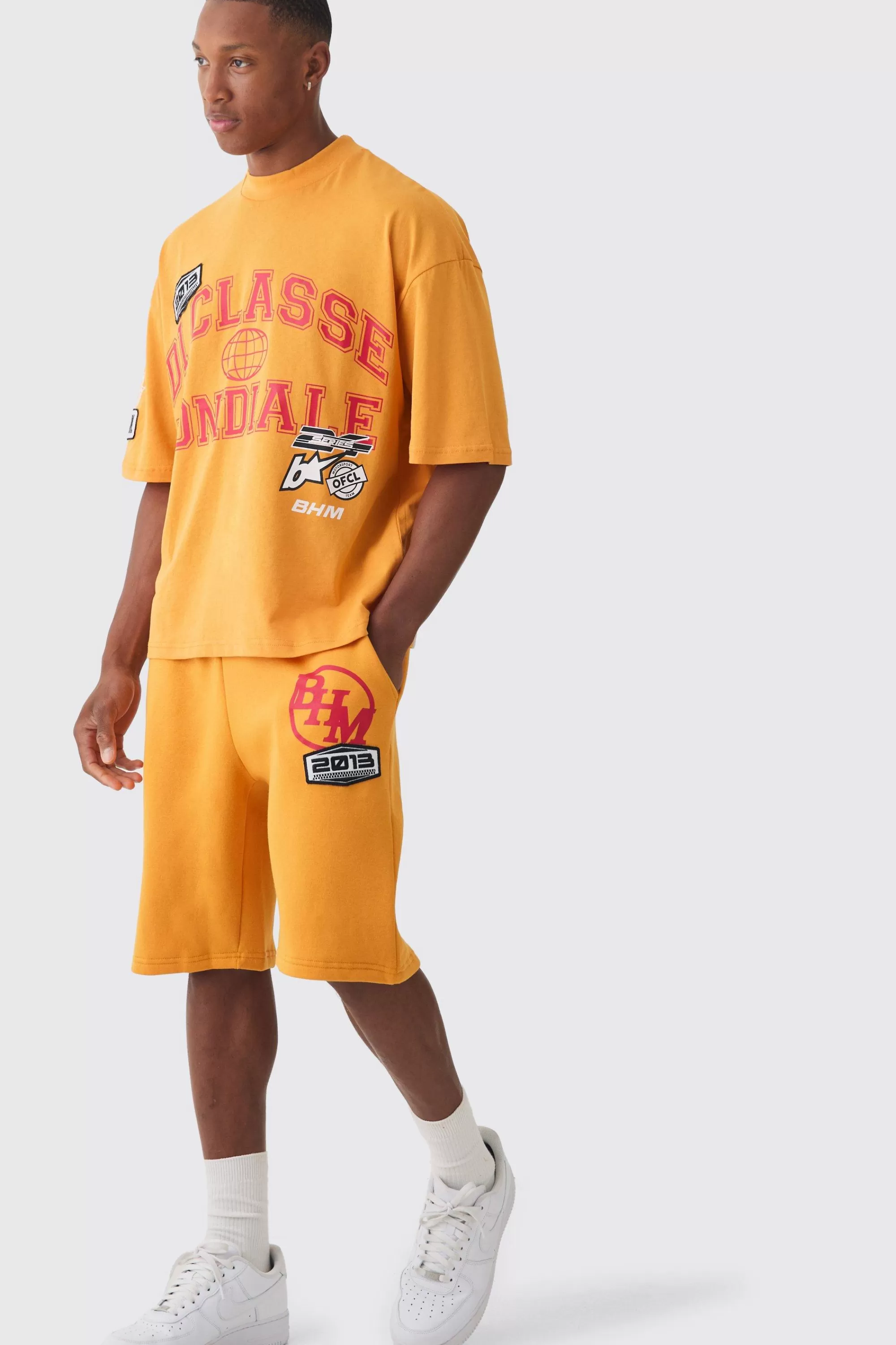 boohooMAN Oversized Boxy Extended Neck Applique T-shirt & Short Set | UK