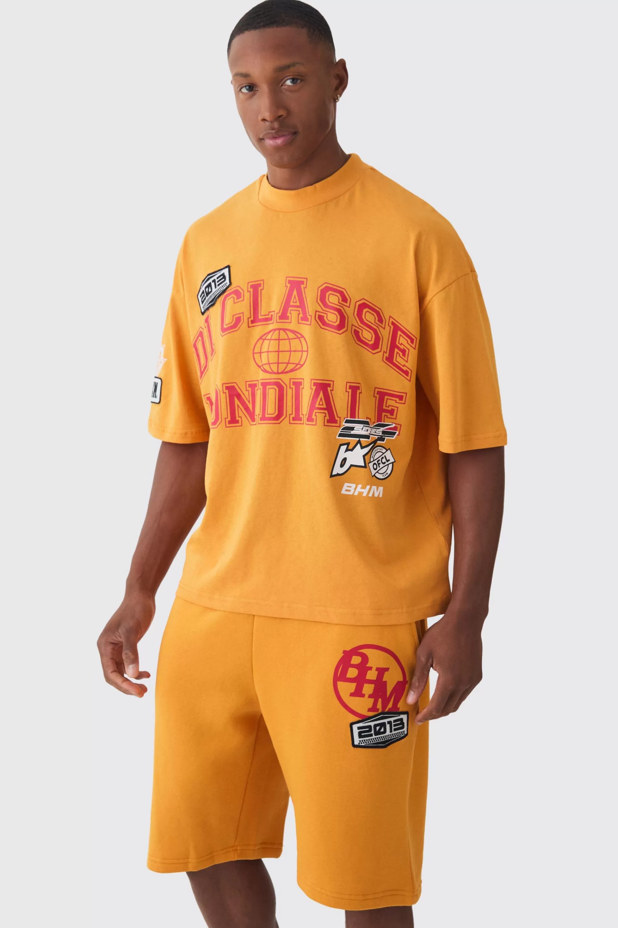 boohooMAN Oversized Boxy Extended Neck Applique T-shirt & Short Set | UK