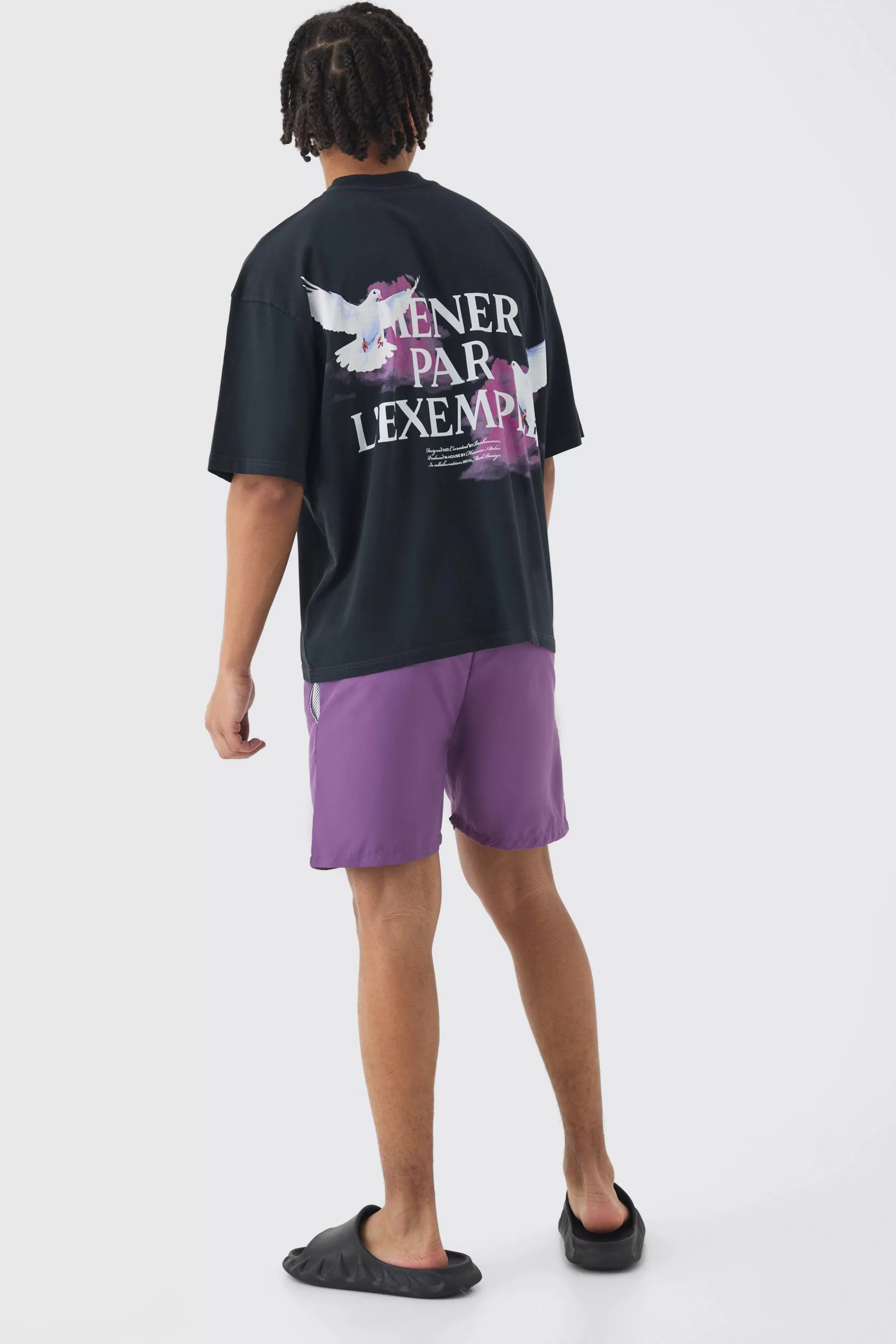 boohooMAN Oversized Boxy Extended Neck Bird Graphic T-shirt & Swim Set | UK