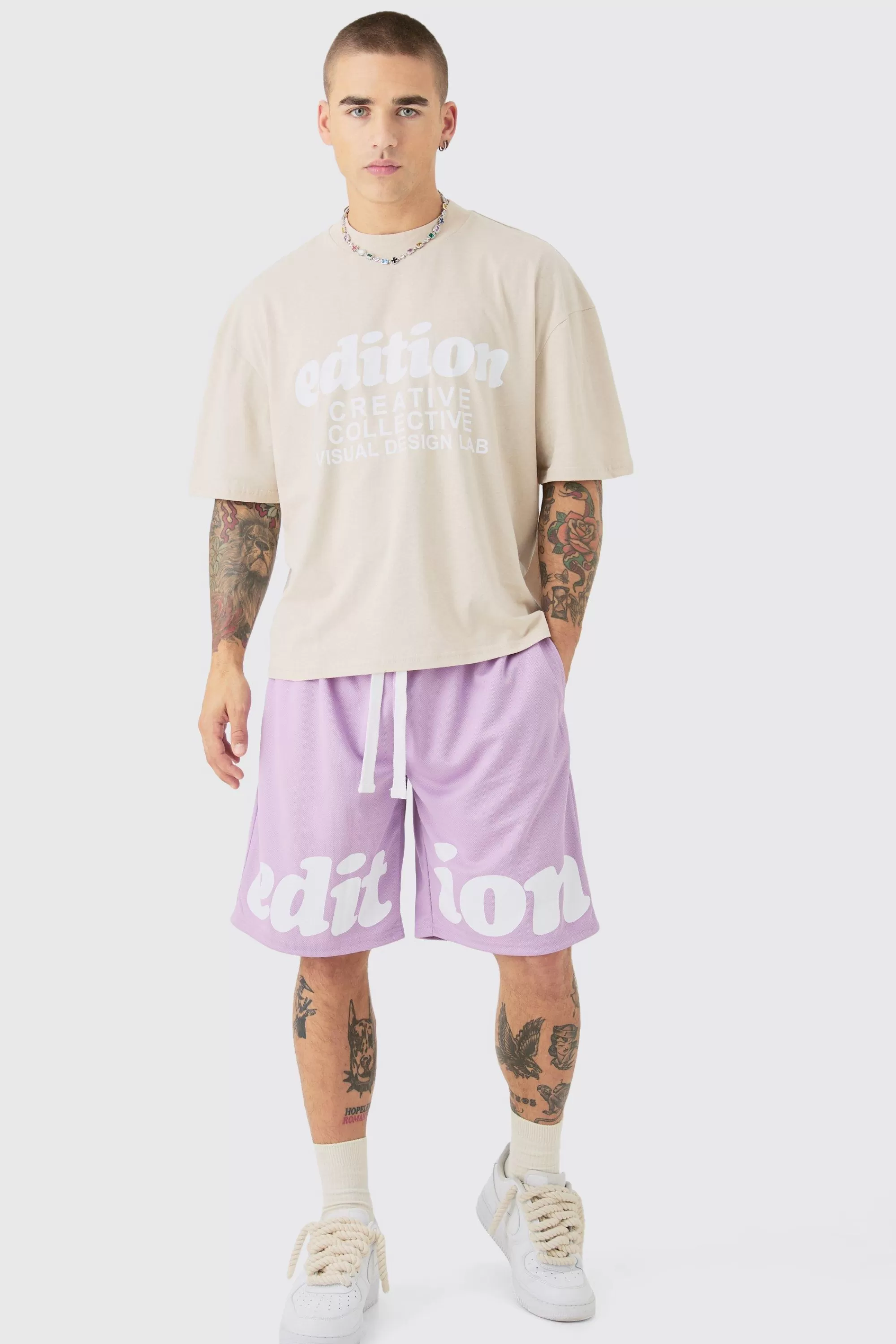 boohooMAN Oversized Boxy Extended Neck Mesh T-shirt & Short Set | UK