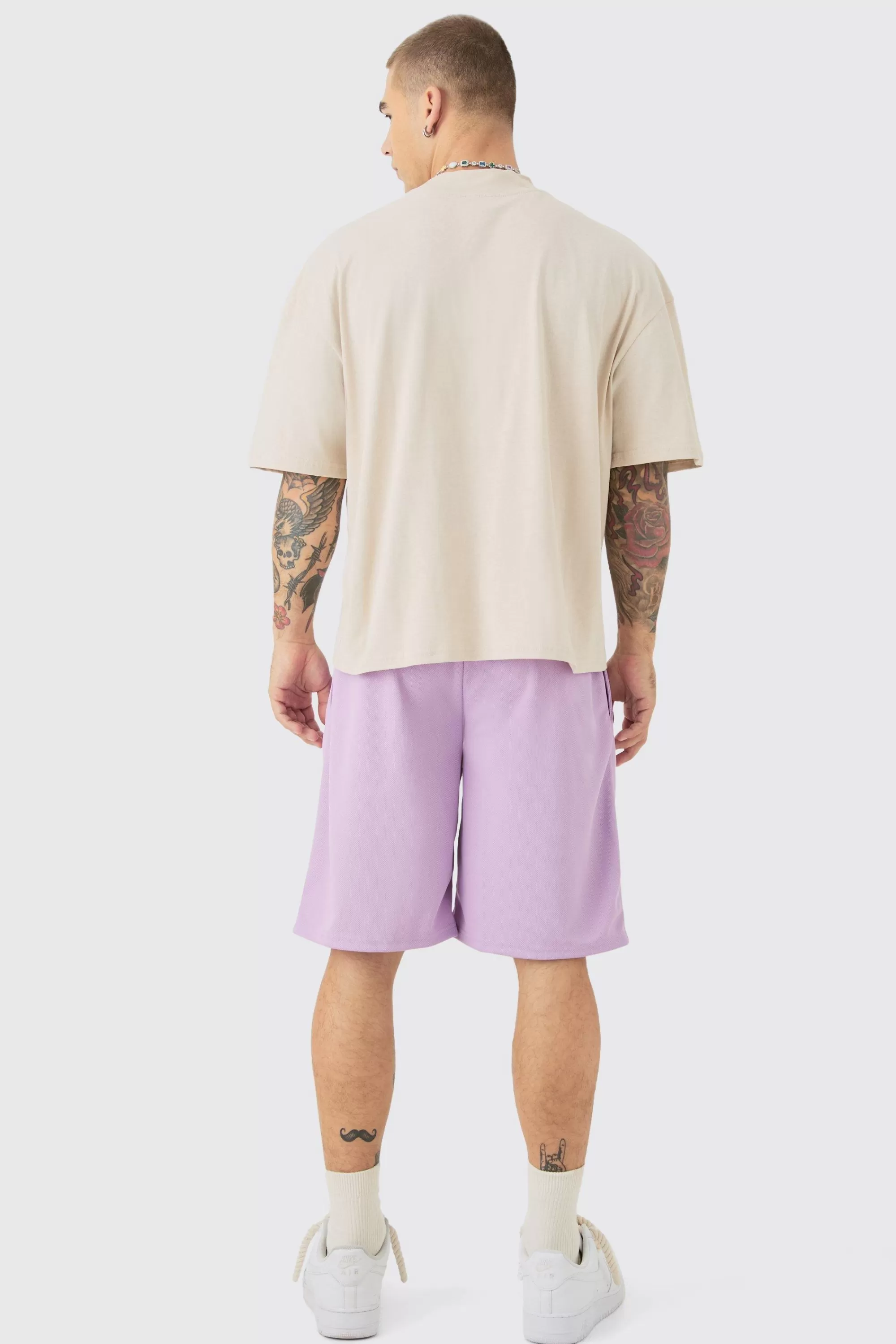 boohooMAN Oversized Boxy Extended Neck Mesh T-shirt & Short Set | UK