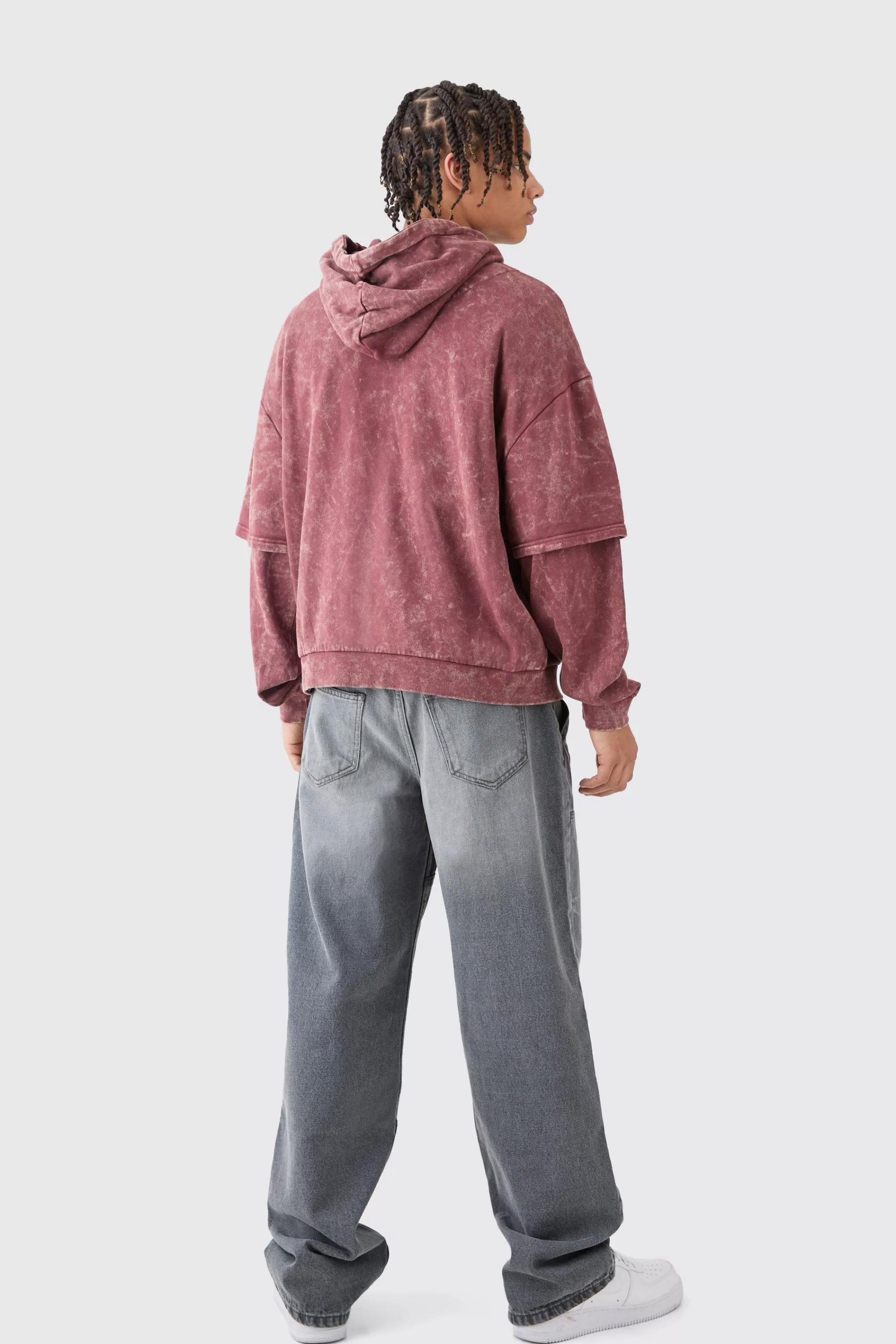 boohooMAN Oversized Boxy Faux Layer Acid Wash Ofcl Embroidered Hoodie | UK