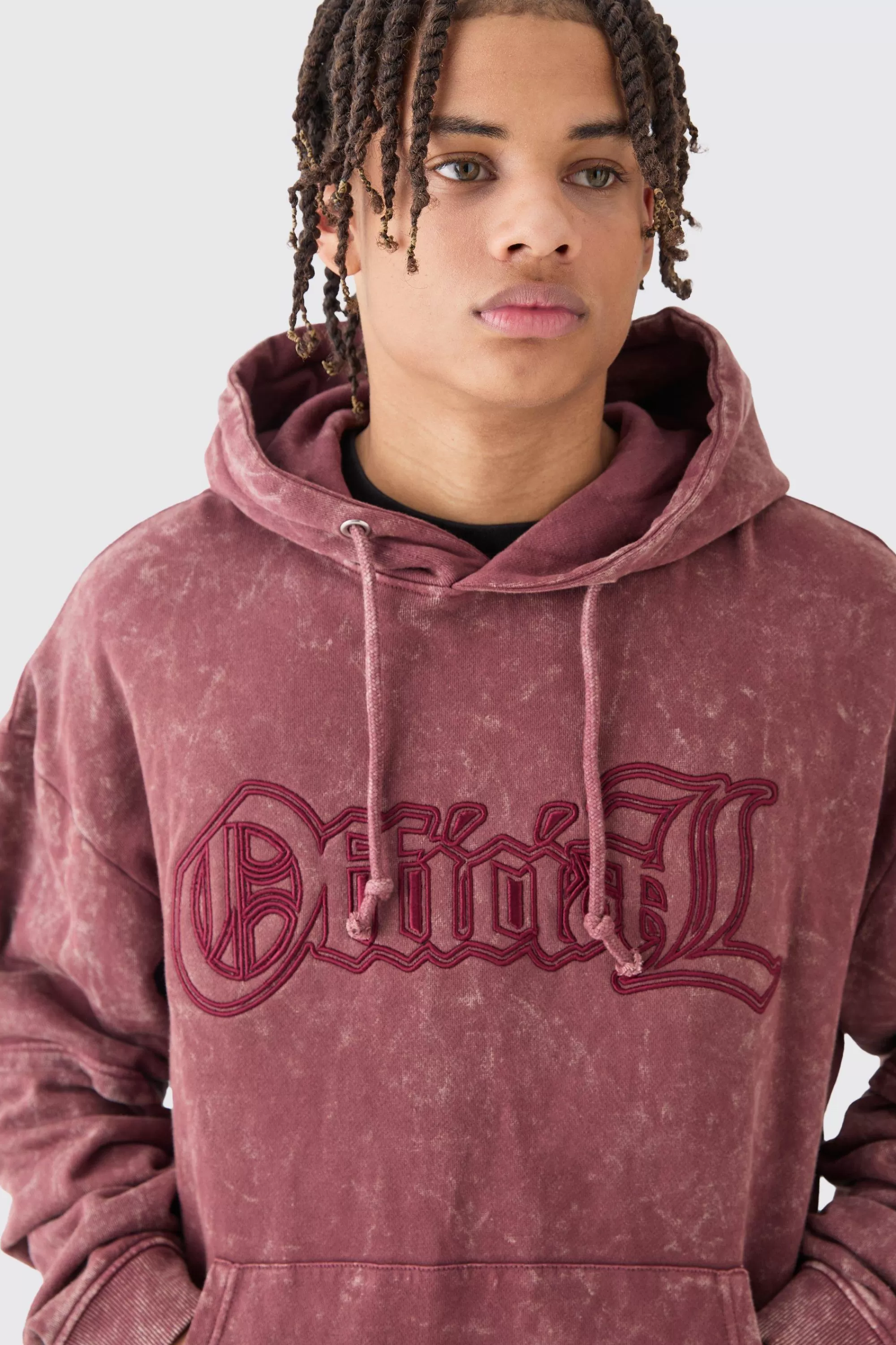 boohooMAN Oversized Boxy Faux Layer Acid Wash Ofcl Embroidered Hoodie | UK