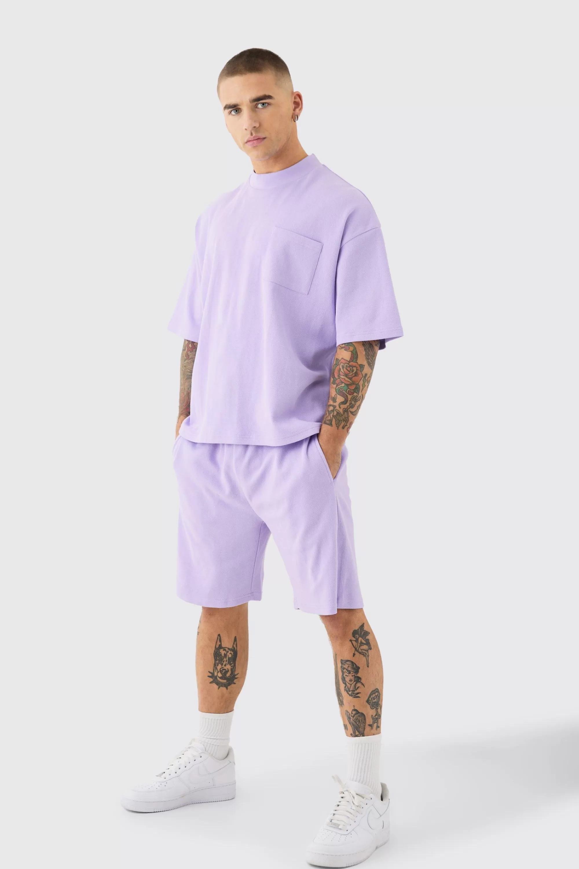 boohooMAN Oversized Boxy Fit Double Knit Mesh T-shirt & Short Set | UK
