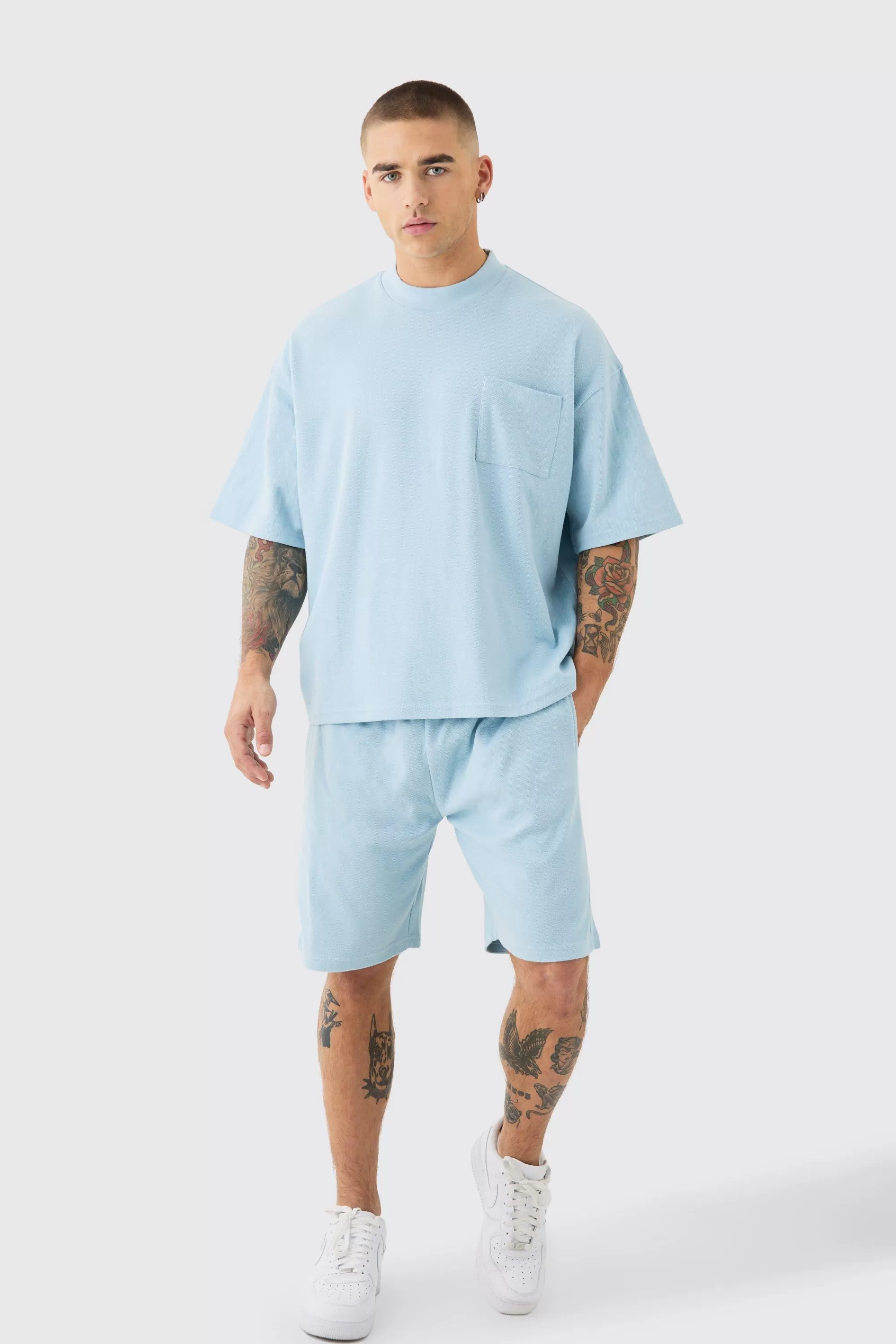 boohooMAN Oversized Boxy Fit Double Knit Mesh T-shirt & Short Set | UK