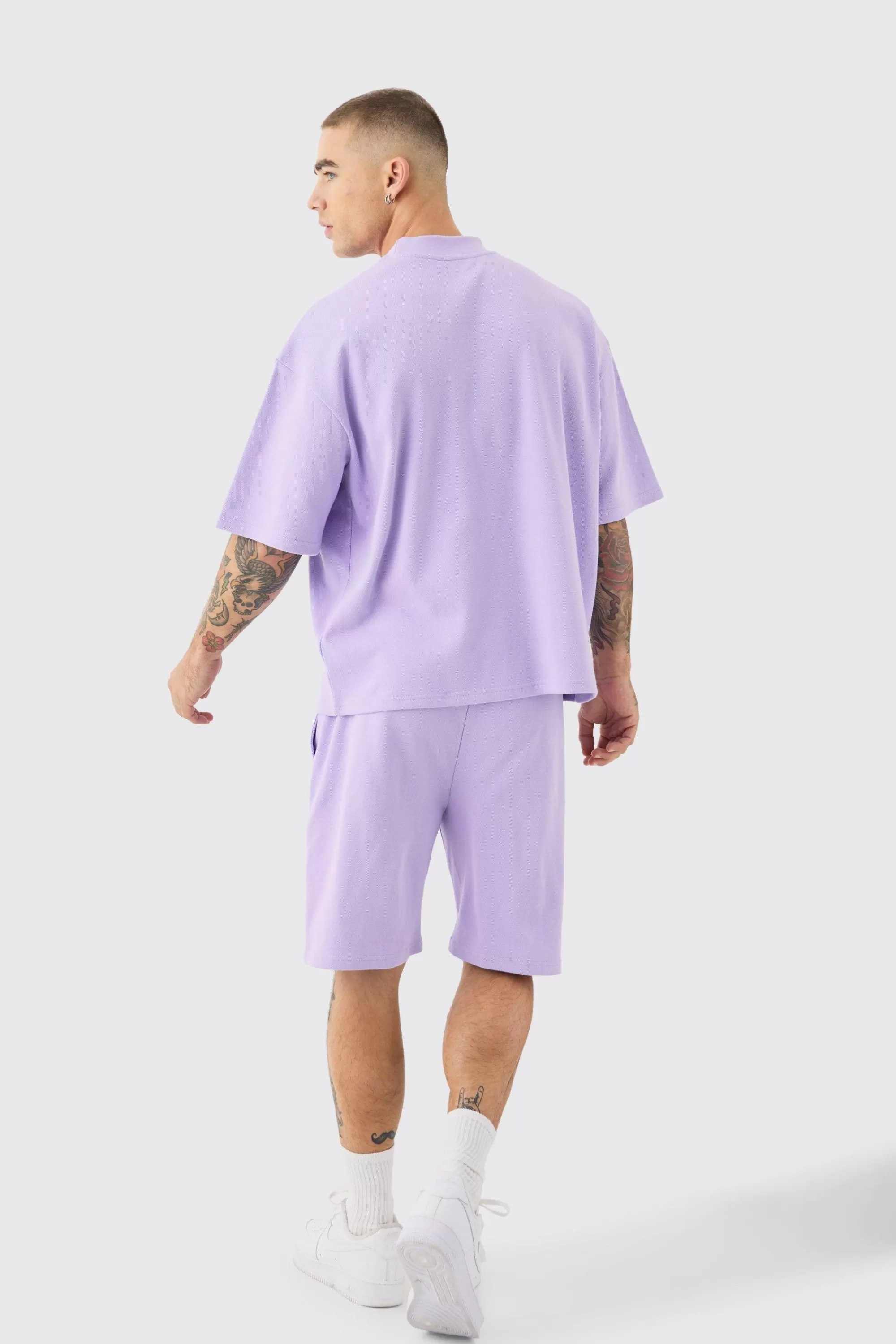 boohooMAN Oversized Boxy Fit Double Knit Mesh T-shirt & Short Set | UK