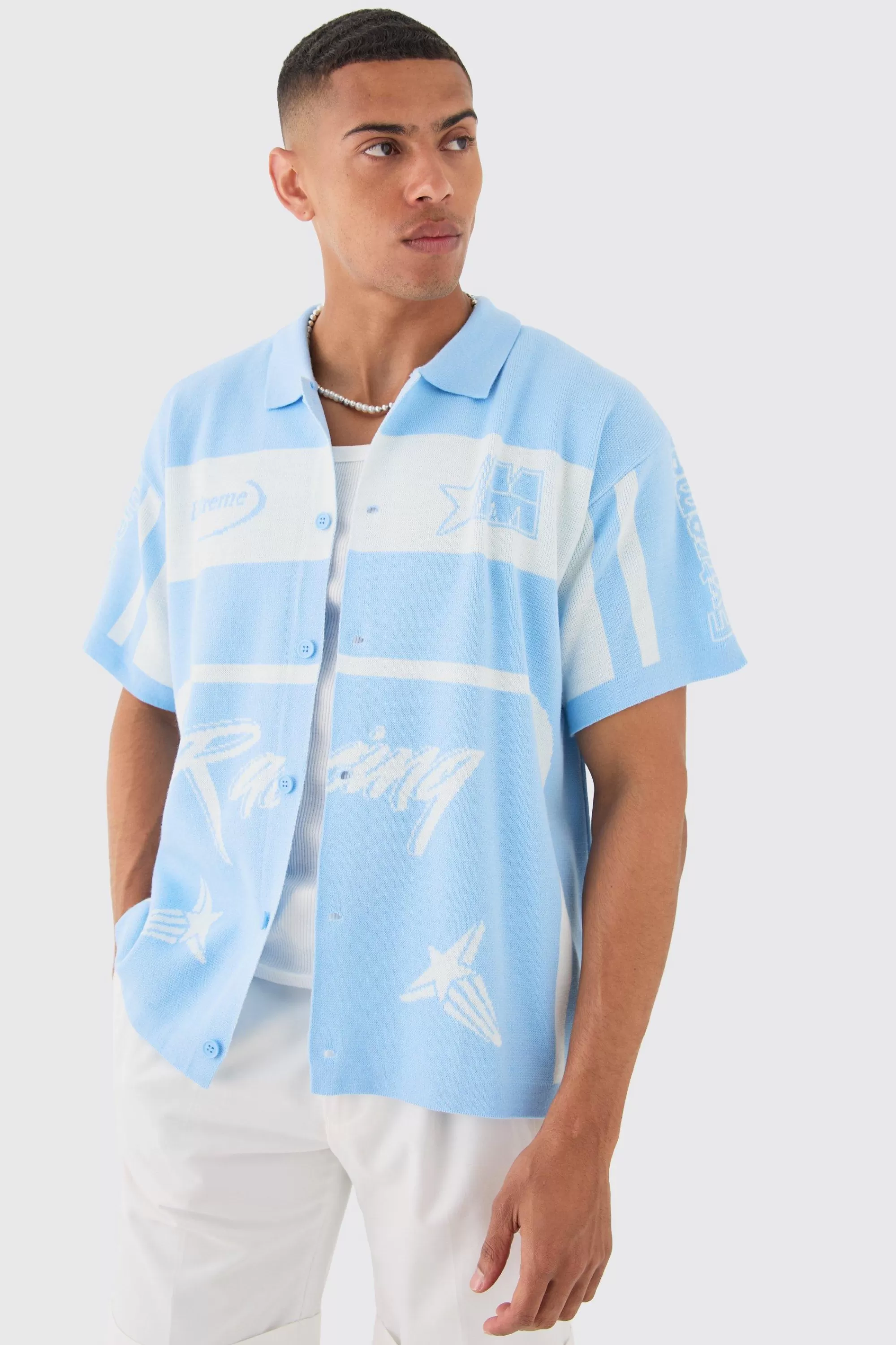 boohooMAN Oversized Boxy Fit Knitted Moto Shirt | UK