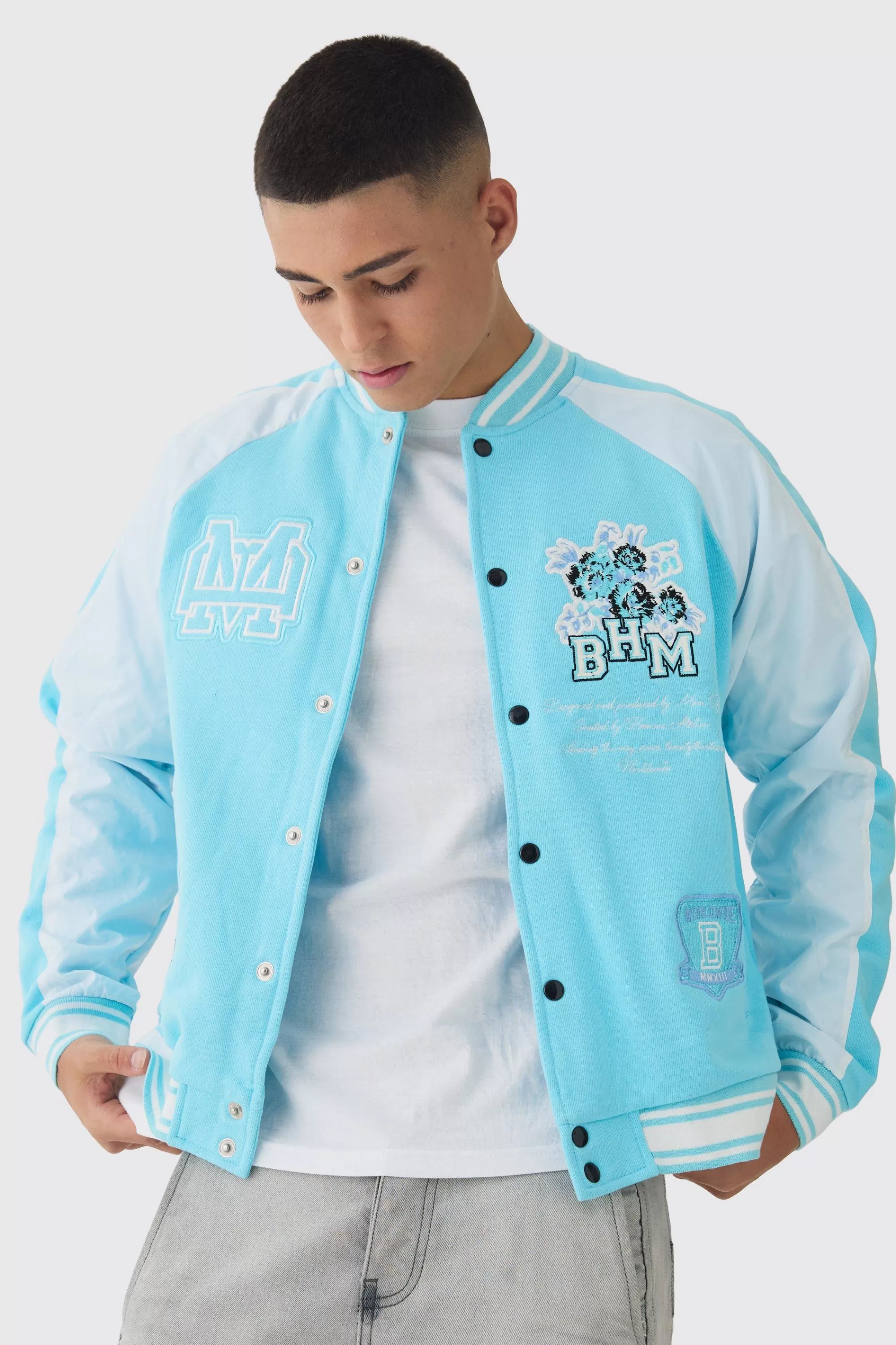 boohooMAN Oversized Boxy Floral Applique Jersey Varsity Jacket | UK