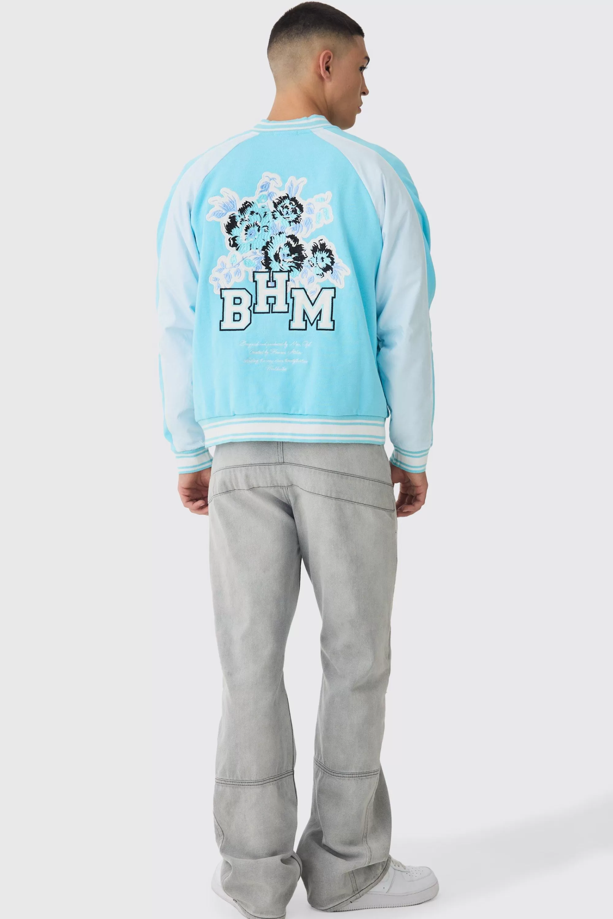 boohooMAN Oversized Boxy Floral Applique Jersey Varsity Jacket | UK