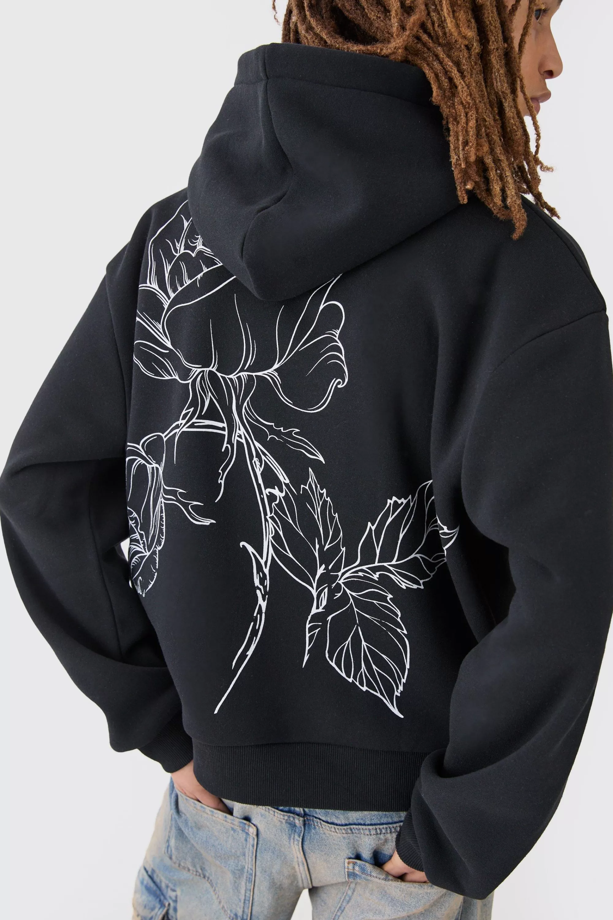 boohooMAN Oversized Boxy Floral Line Drawing Hoodie | UK