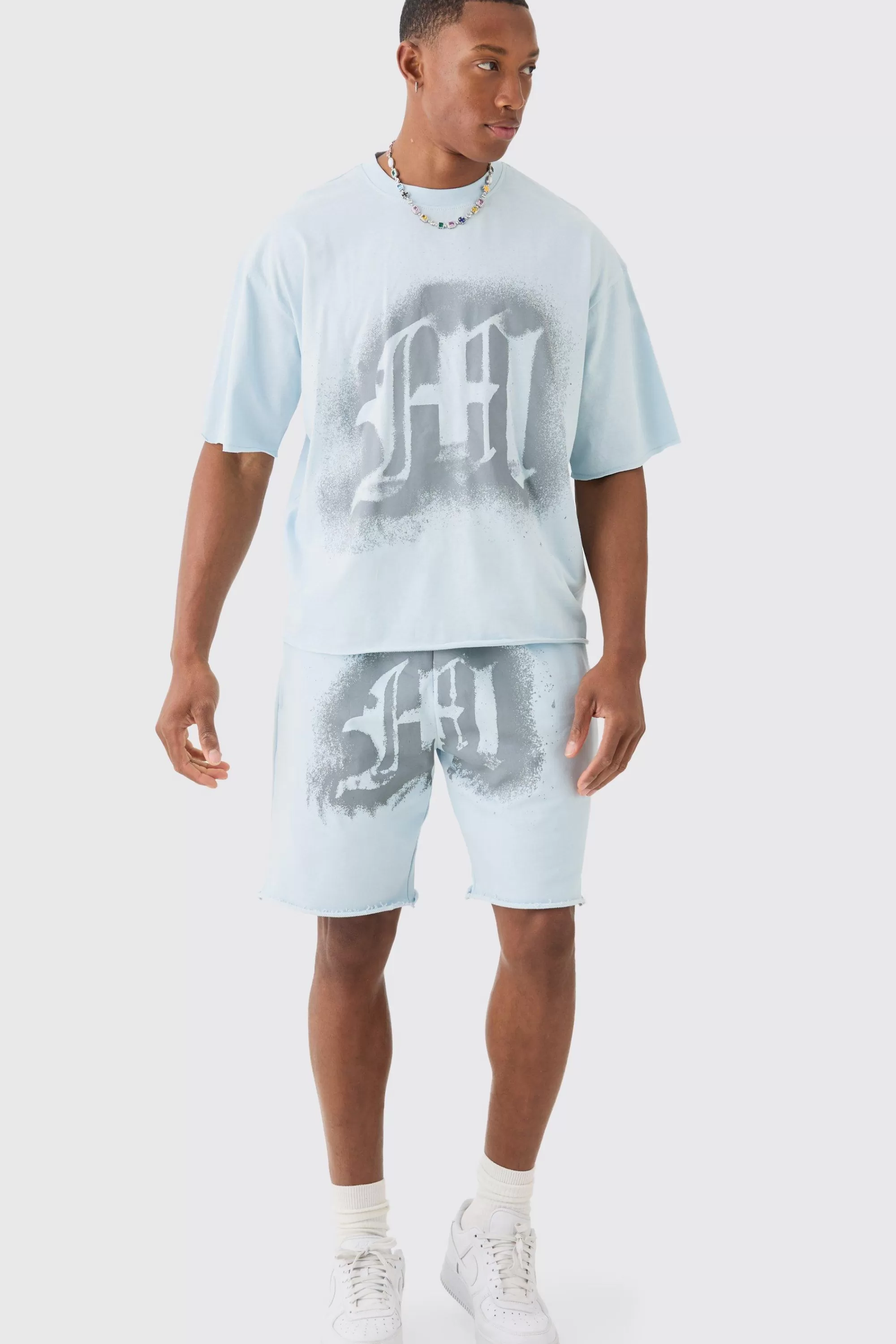 boohooMAN Oversized Boxy Graffiti Spray Graphic Raw Hem T-shirt Set | UK