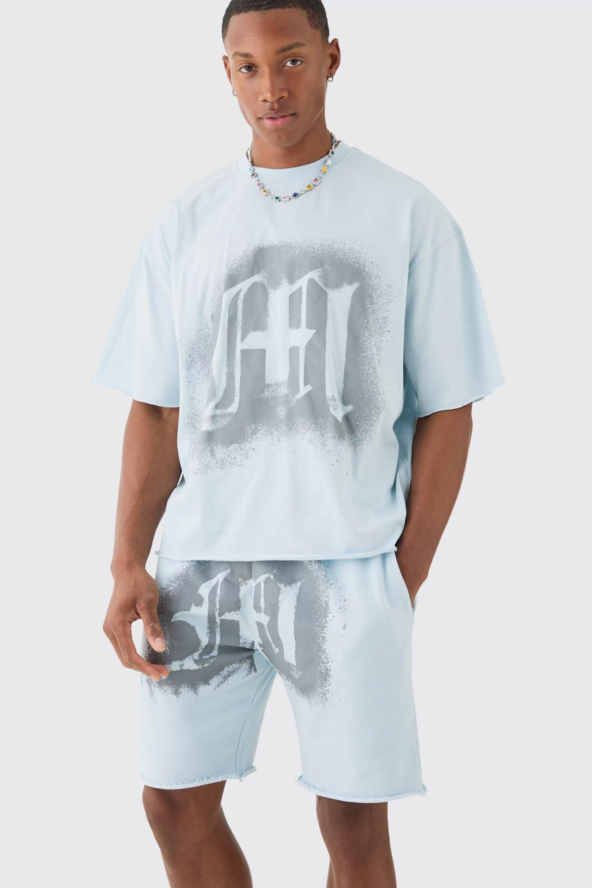 boohooMAN Oversized Boxy Graffiti Spray Graphic Raw Hem T-shirt Set | UK
