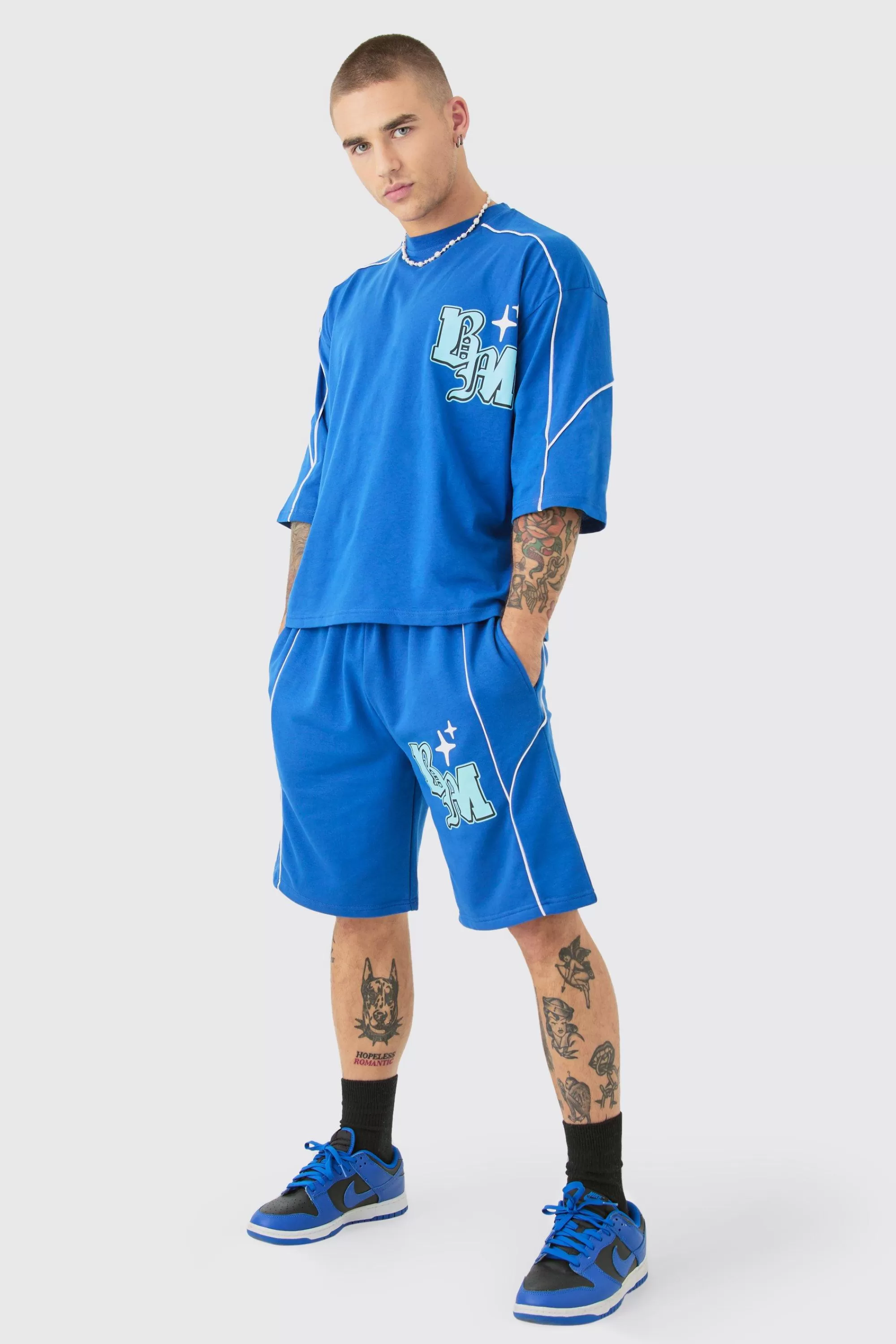 boohooMAN Oversized Boxy Half Sleeve BM Print T-shirt & Short Set | UK