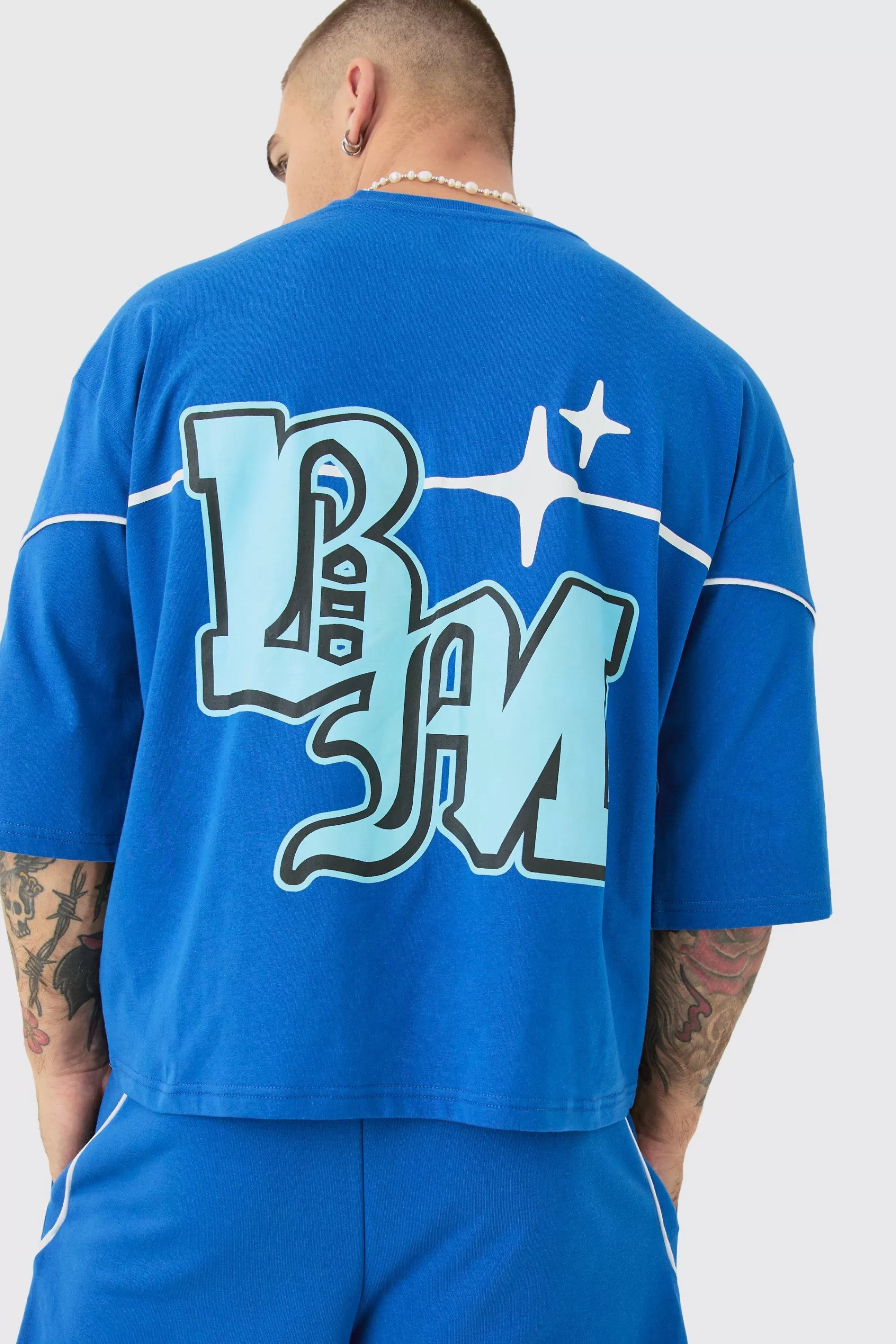 boohooMAN Oversized Boxy Half Sleeve BM Print T-shirt & Short Set | UK