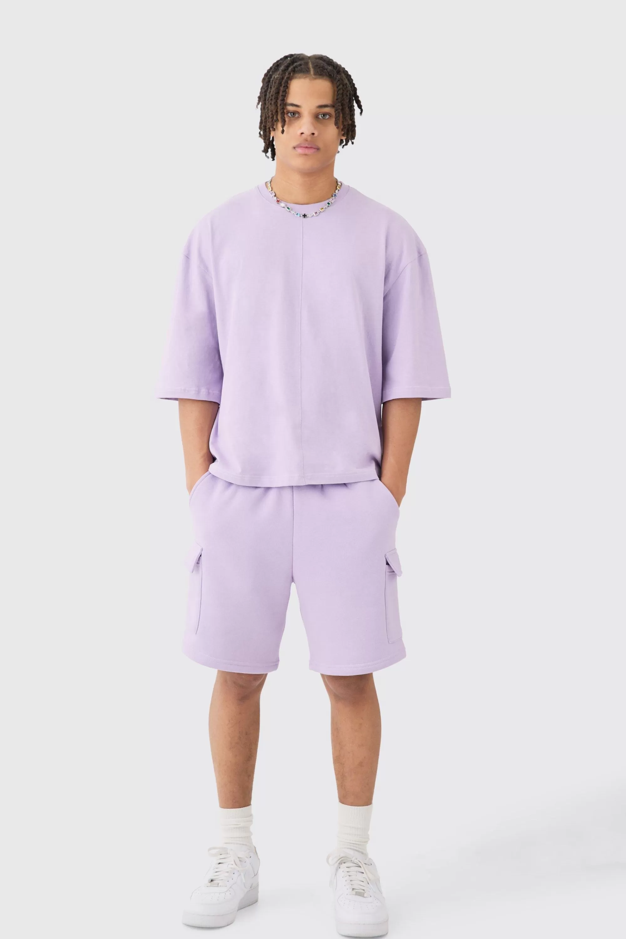 boohooMAN Oversized Boxy Half Sleeve T-shirt & Cargo Short Set | UK