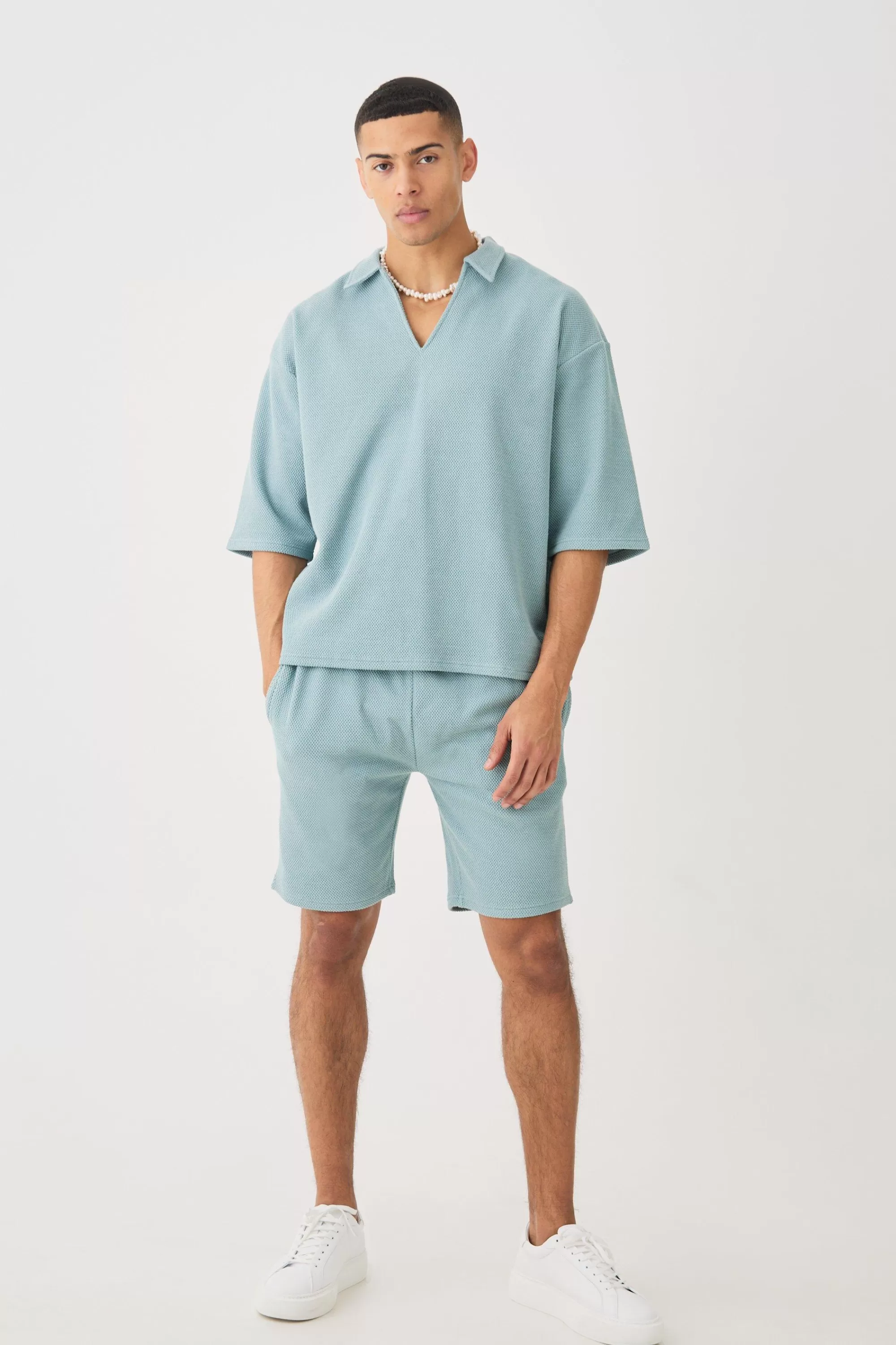 boohooMAN Oversized Boxy Half Sleeve V Neck Polo And Short Set | UK