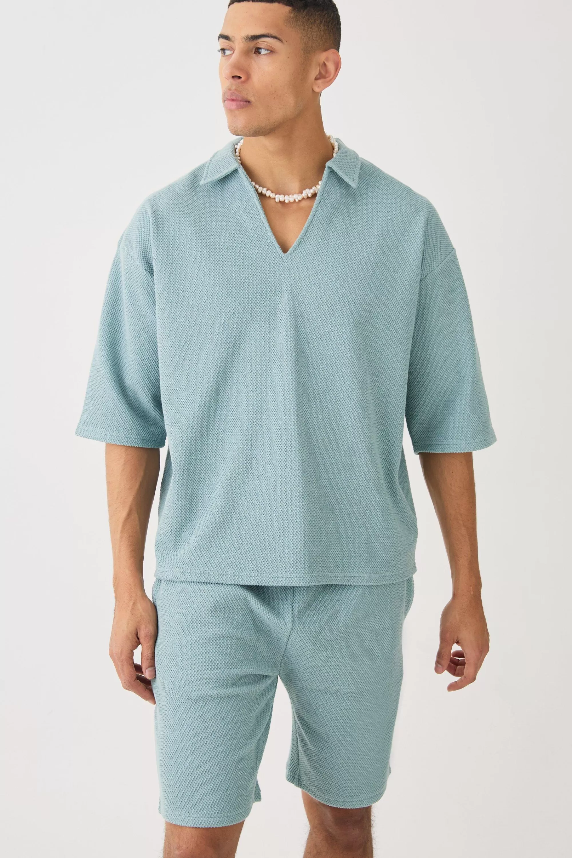 boohooMAN Oversized Boxy Half Sleeve V Neck Polo And Short Set | UK