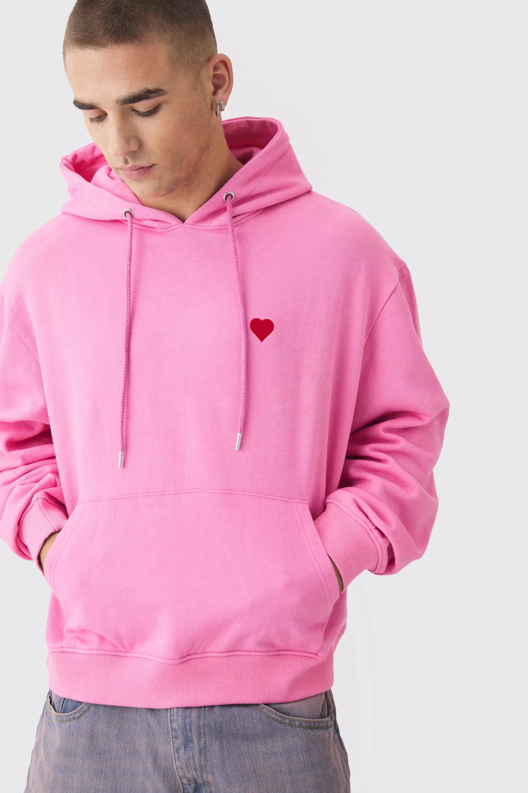 boohooMAN Oversized Boxy Heart Embroidered Hoodie | UK