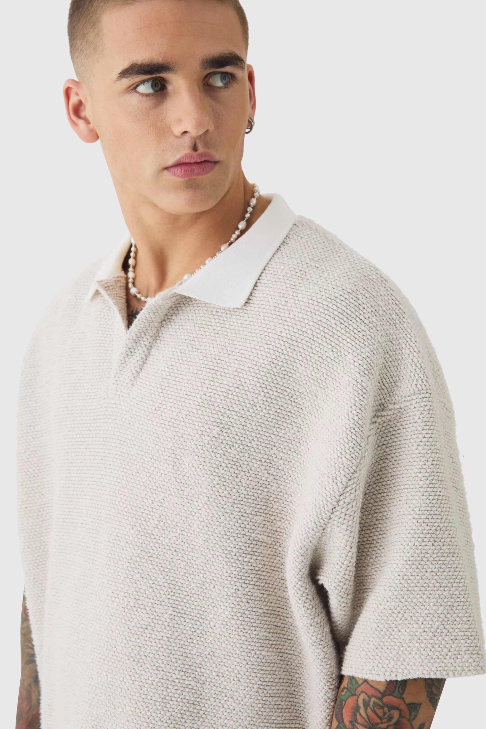 boohooMAN Oversized Boxy Heavy Boucle Short Sleeve Rugby Sweat | UK