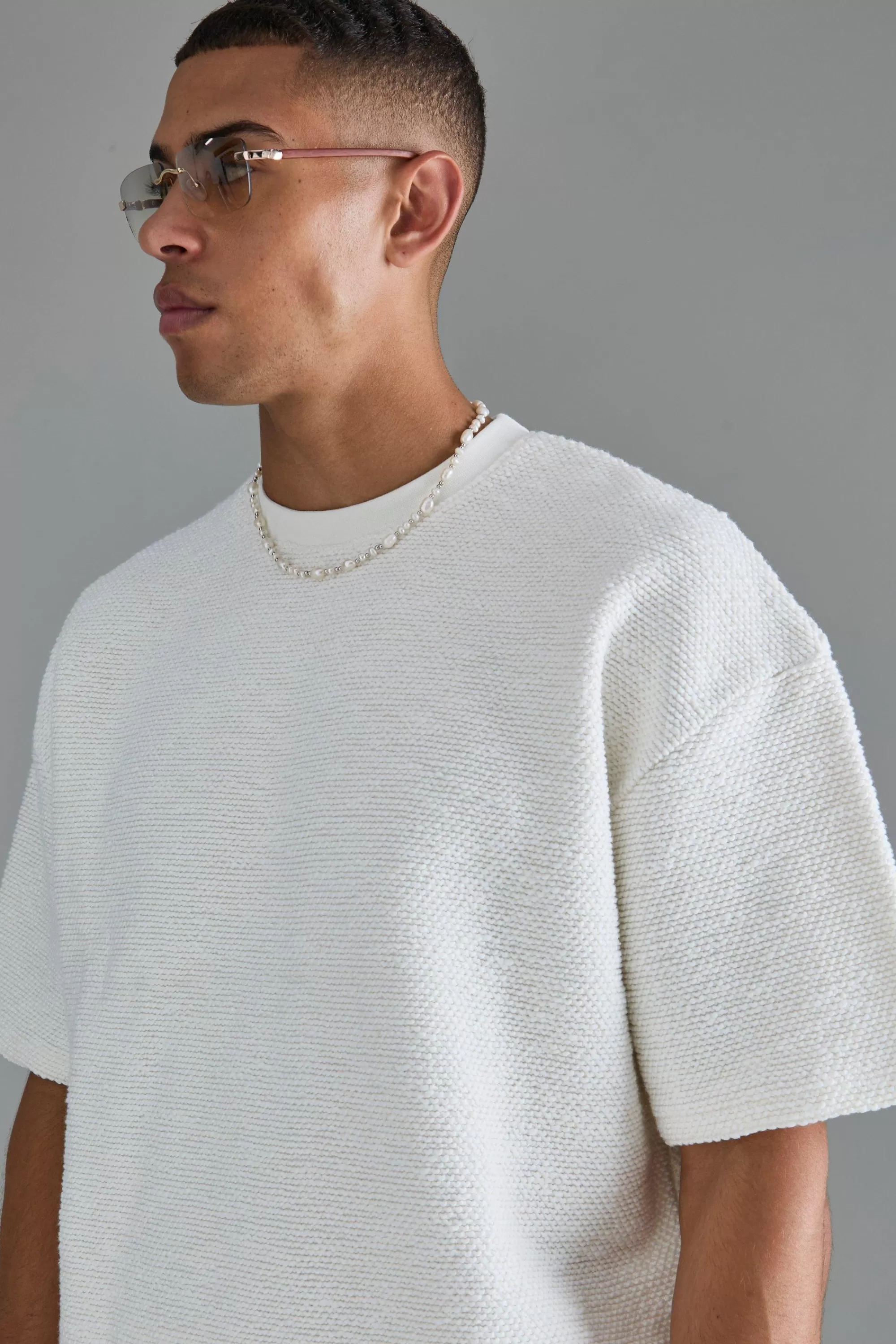 boohooMAN Oversized Boxy Heavy Boucle Short Sleeve Sweatshirt | UK