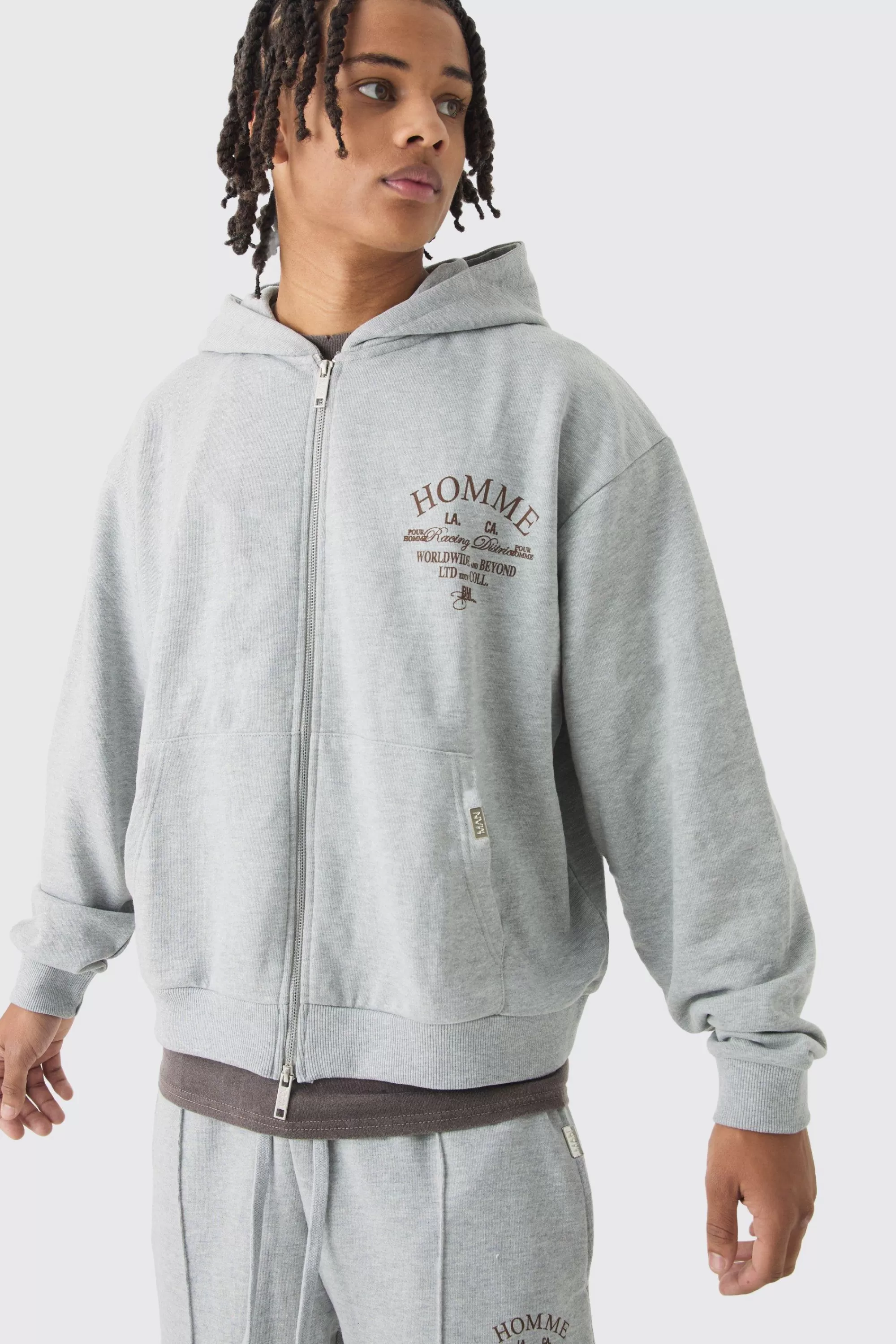 boohooMAN Oversized Boxy Heavy Hooded Zip Through Tracksuit | UK