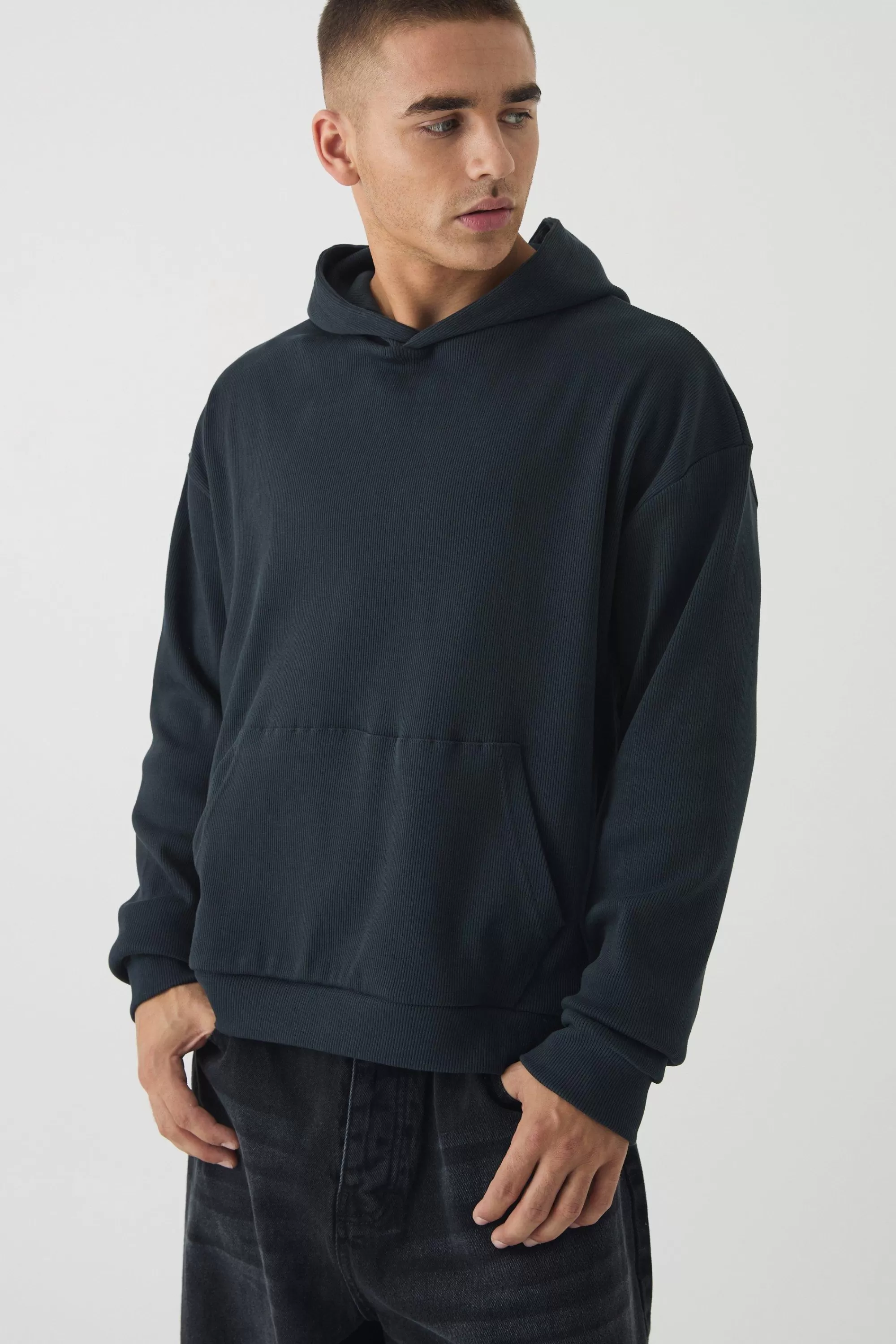 boohooMAN Oversized Boxy Heavy Ribbed Hoodie | UK