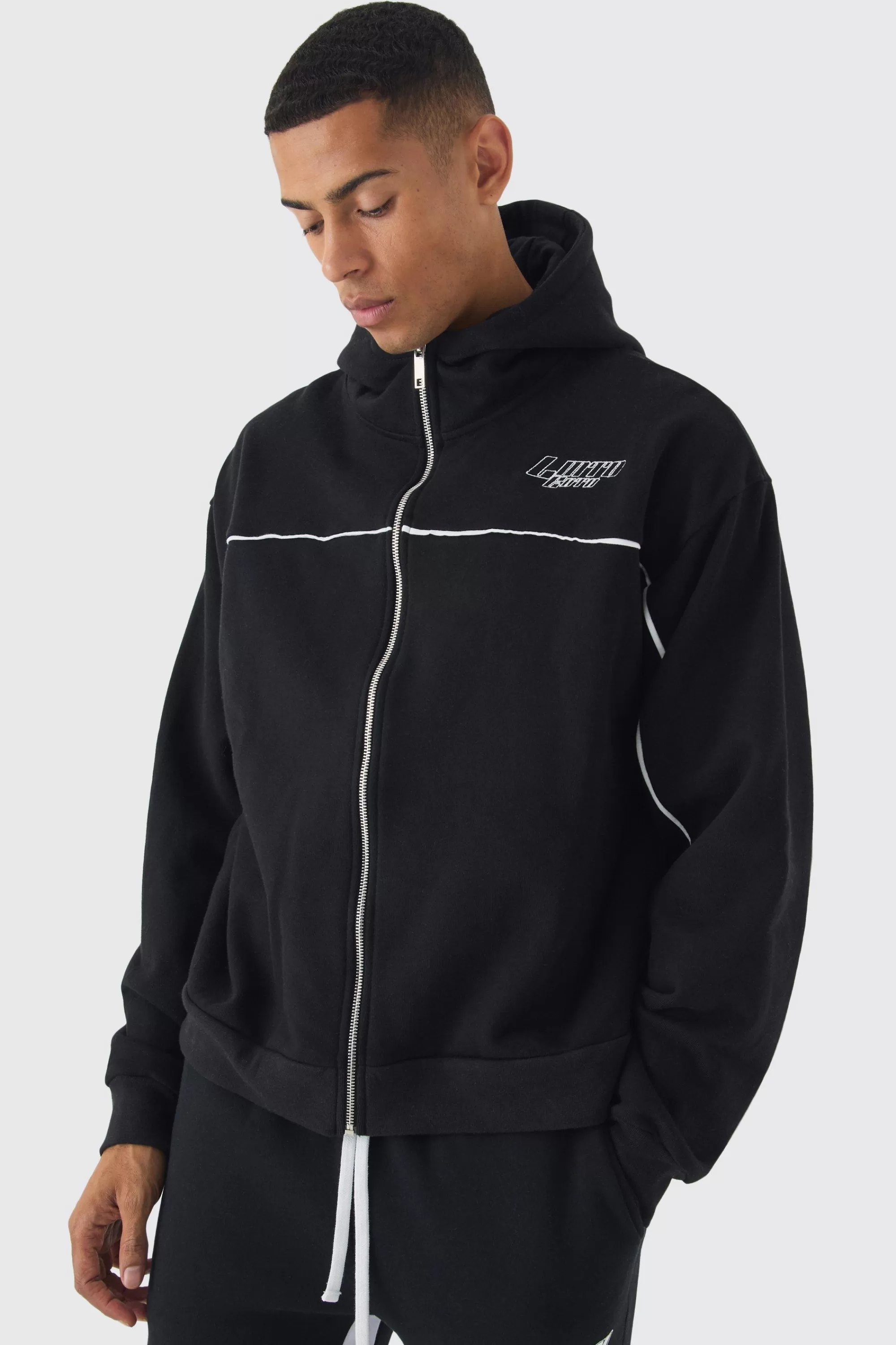 boohooMAN Oversized Boxy Heavyweight Embroidered Hoodie With Piping | UK