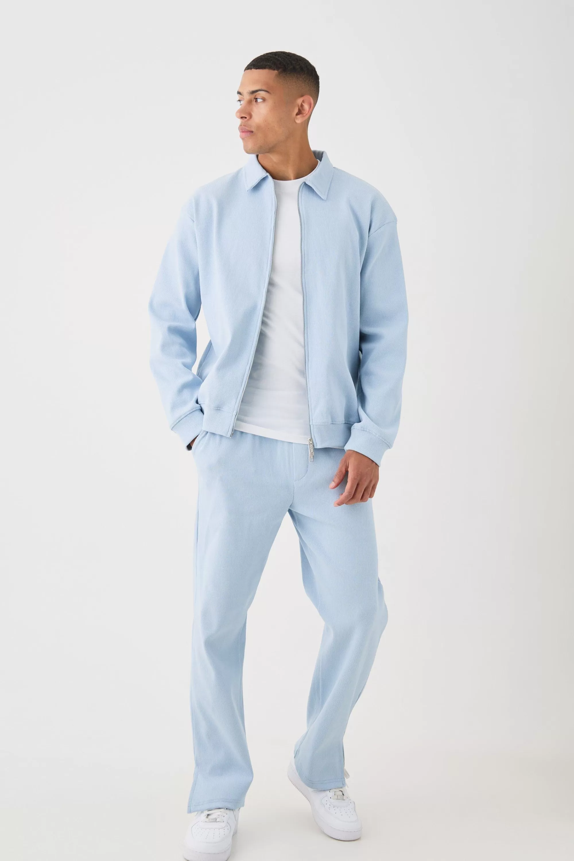 boohooMAN Oversized Boxy Heavyweight Ribbed Harrington Set | UK